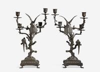 A Pair of Patinated Bronze Animalier Four-Light Candelabra