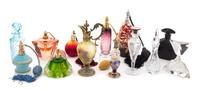 A Collection of Glass Perfume Bottles Height of tallest 8 1/4 inches.