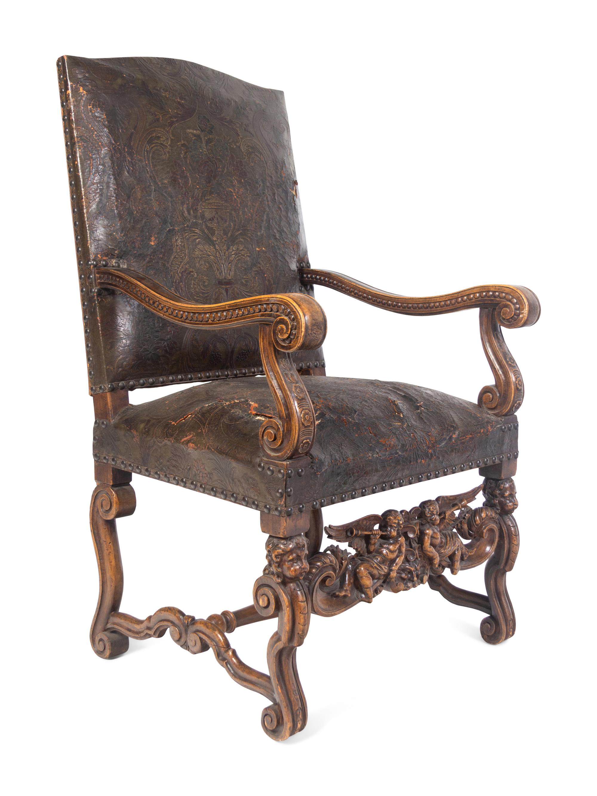 An Italian Baroque Tooled Leather-Upholstered Armchair