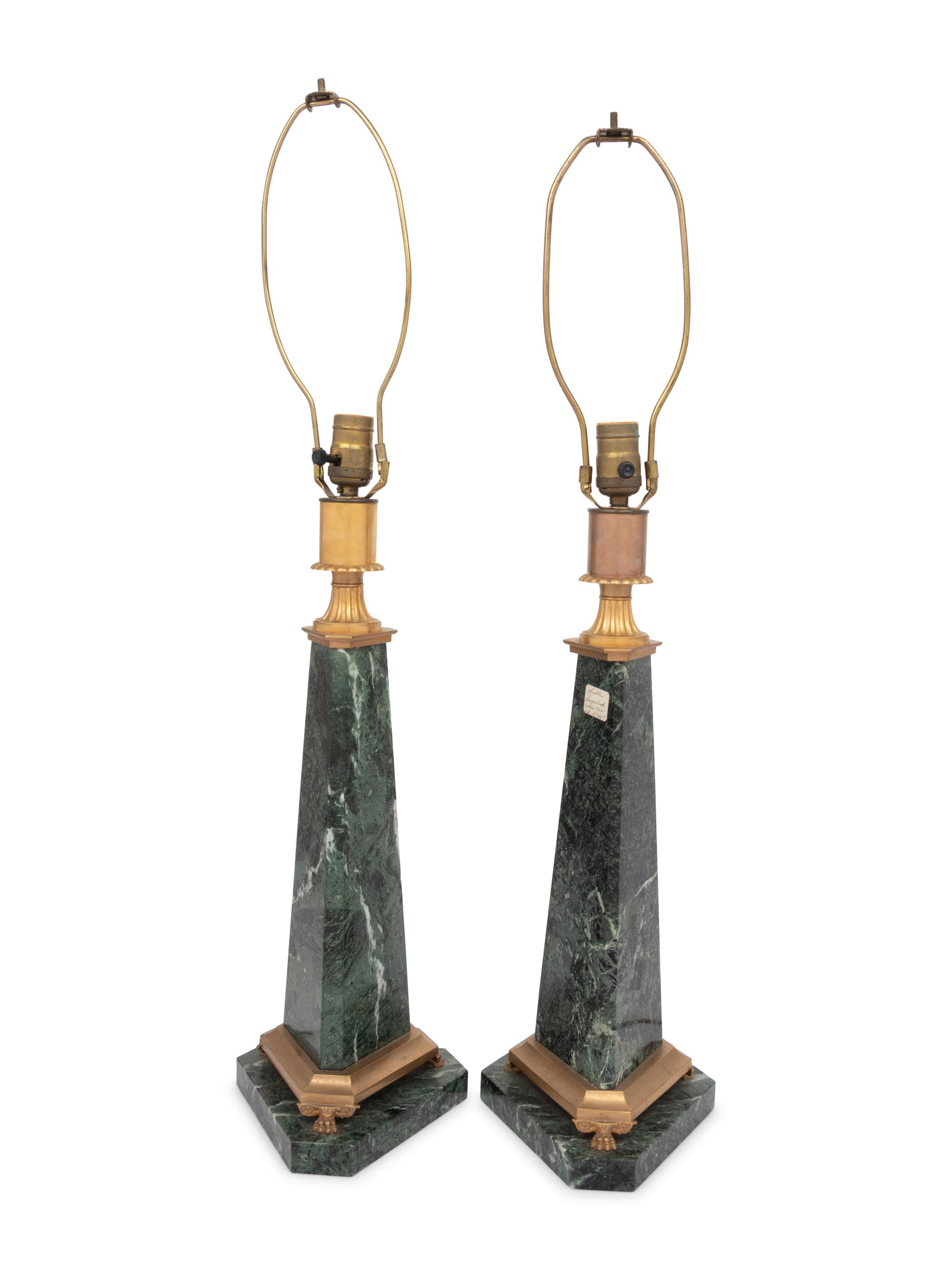 A Pair of Neoclassical Style Gilt Bronze and Marble Table Lamps