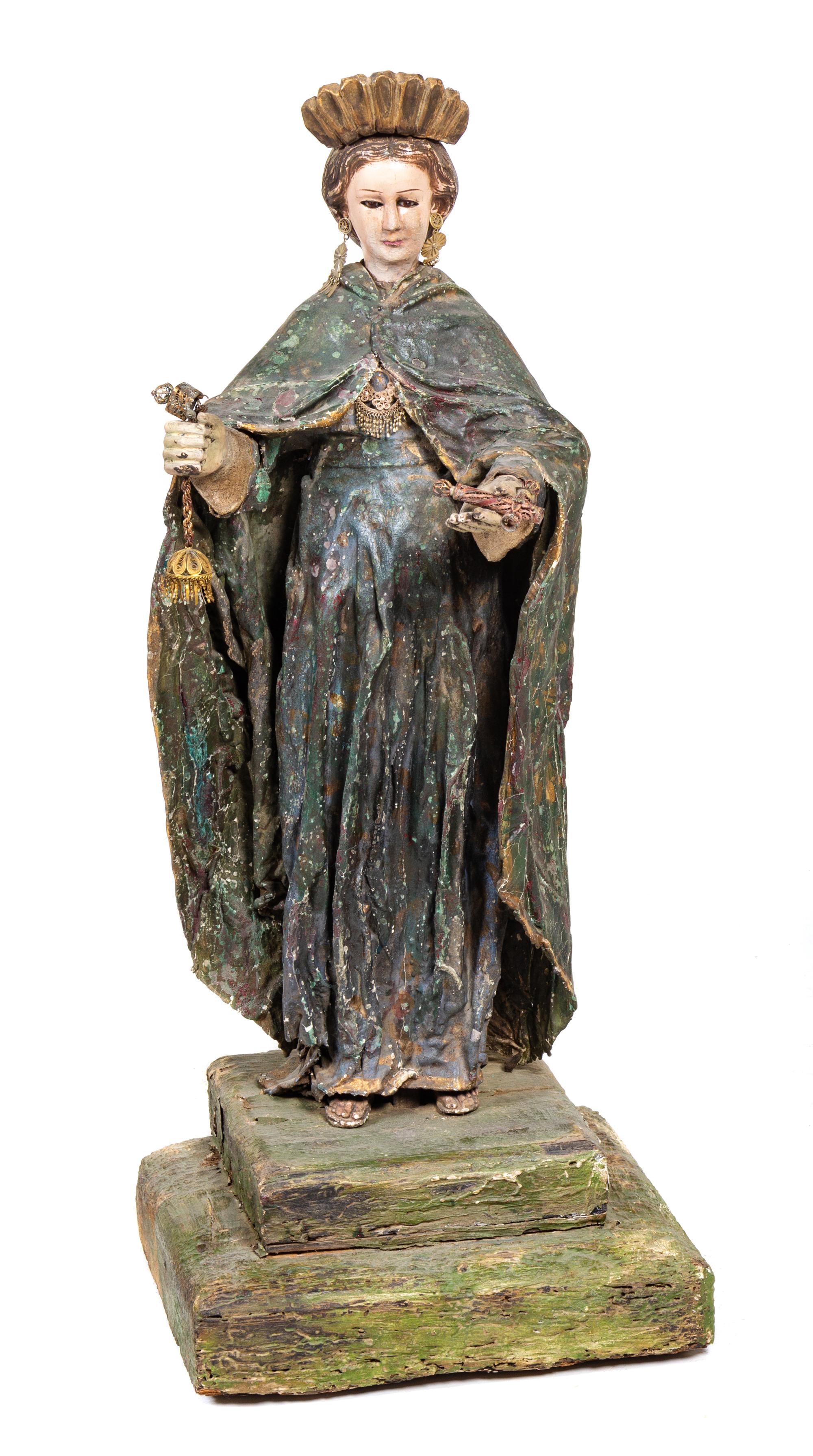 A Spanish Colonial Polychrome Figure Height 25 x width 12 1/2 inches. — 17TH CENTURY