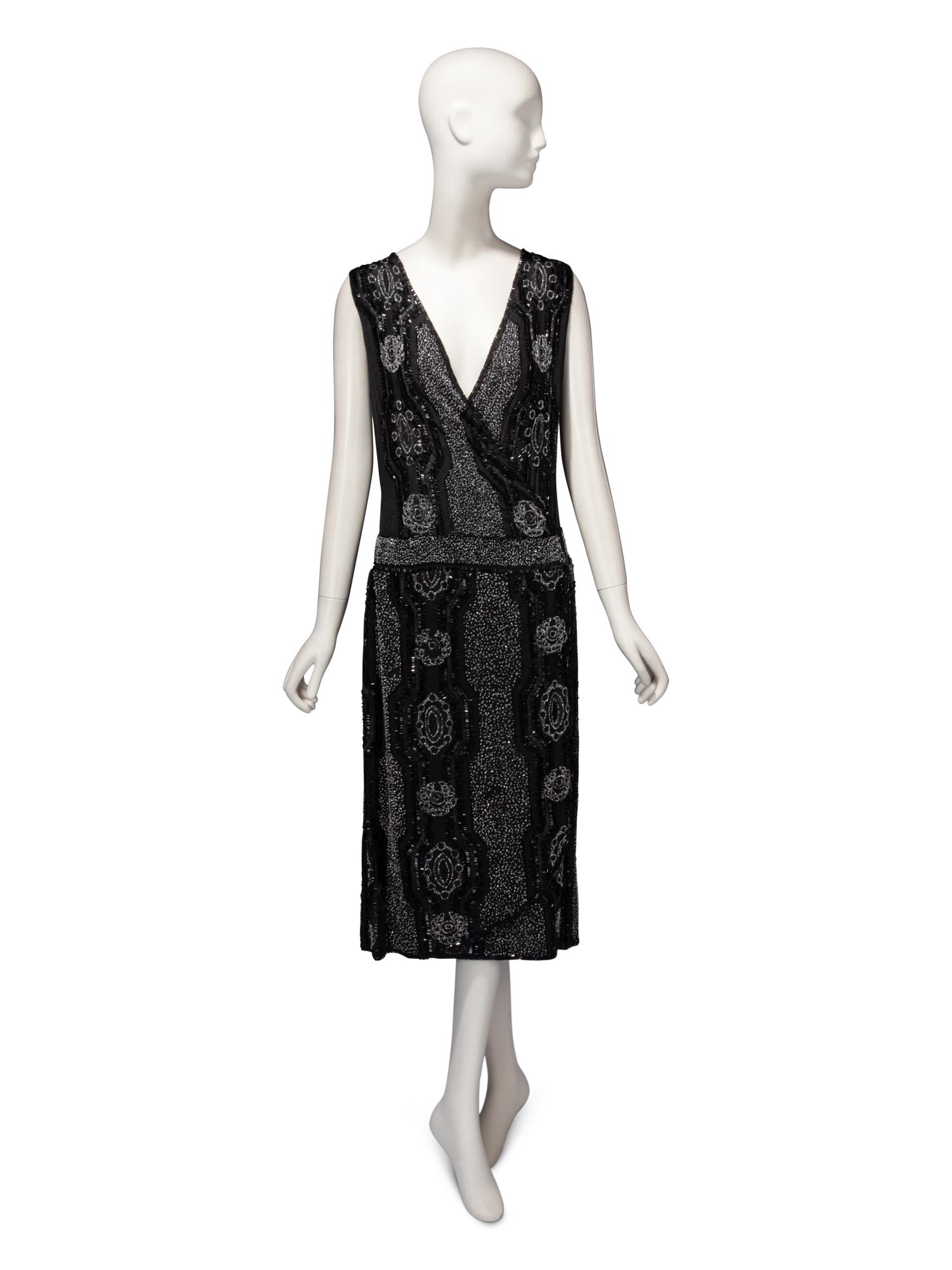 Haute Couture Black Beaded Wrap Dress, c. 1920's
