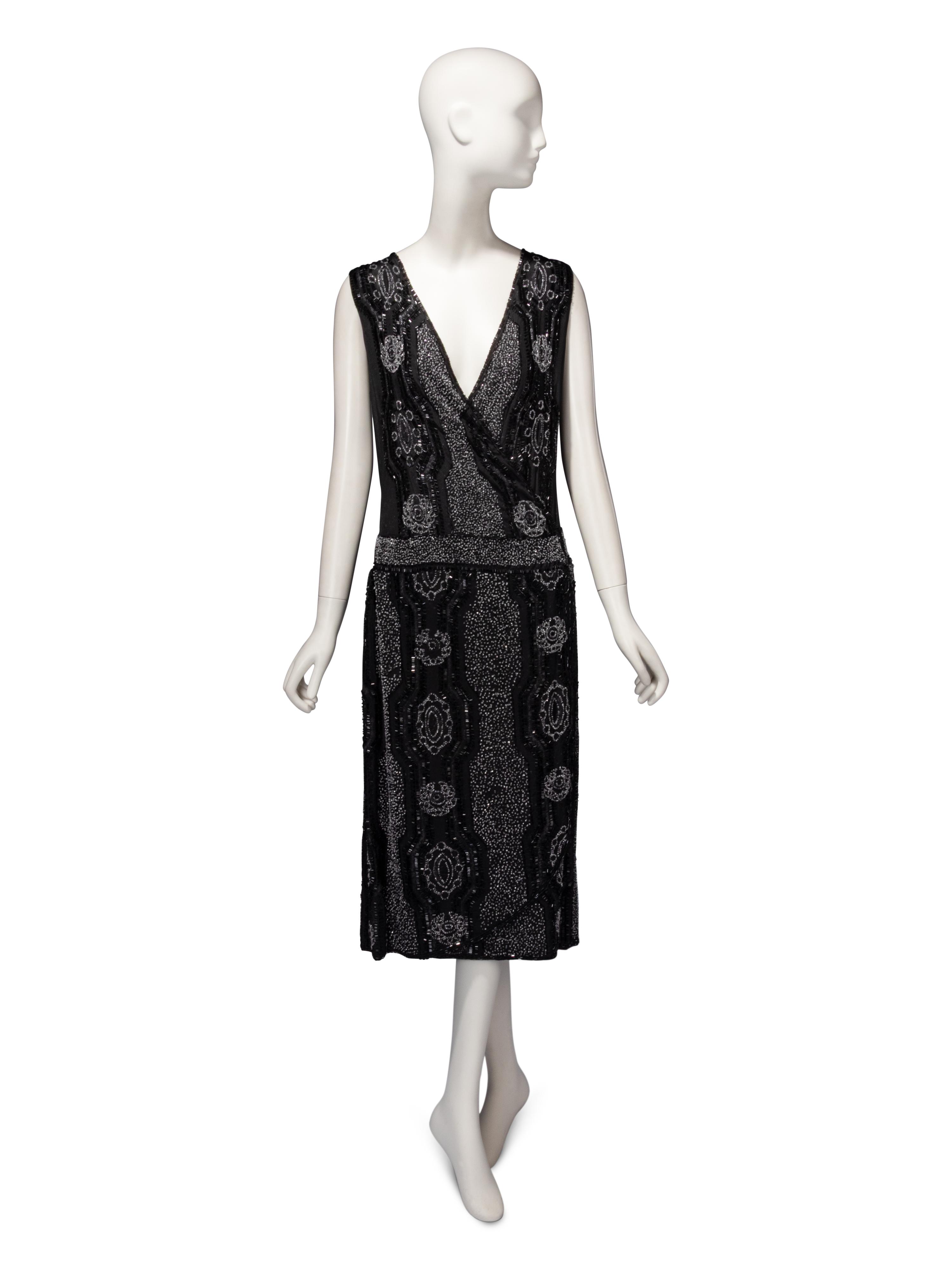 Haute Couture Black Beaded Wrap Dress, c. 1920's