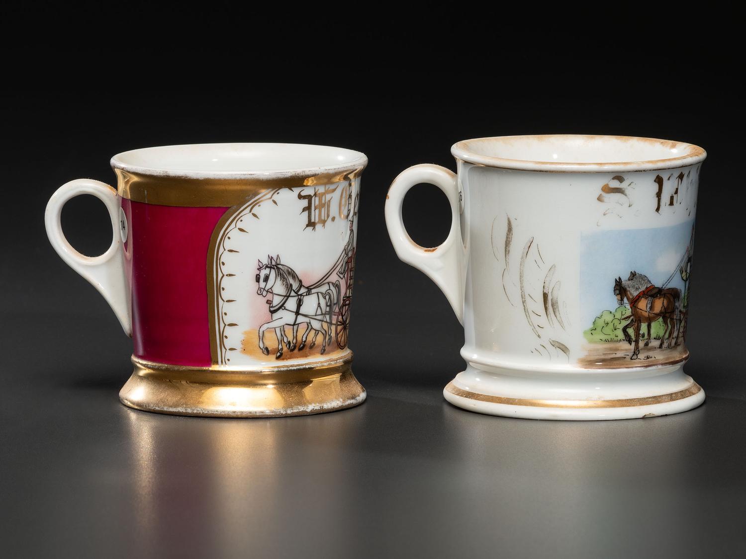 Two Occupational Shaving Mugs Depicting Horse-Drawn Barrel Wagons