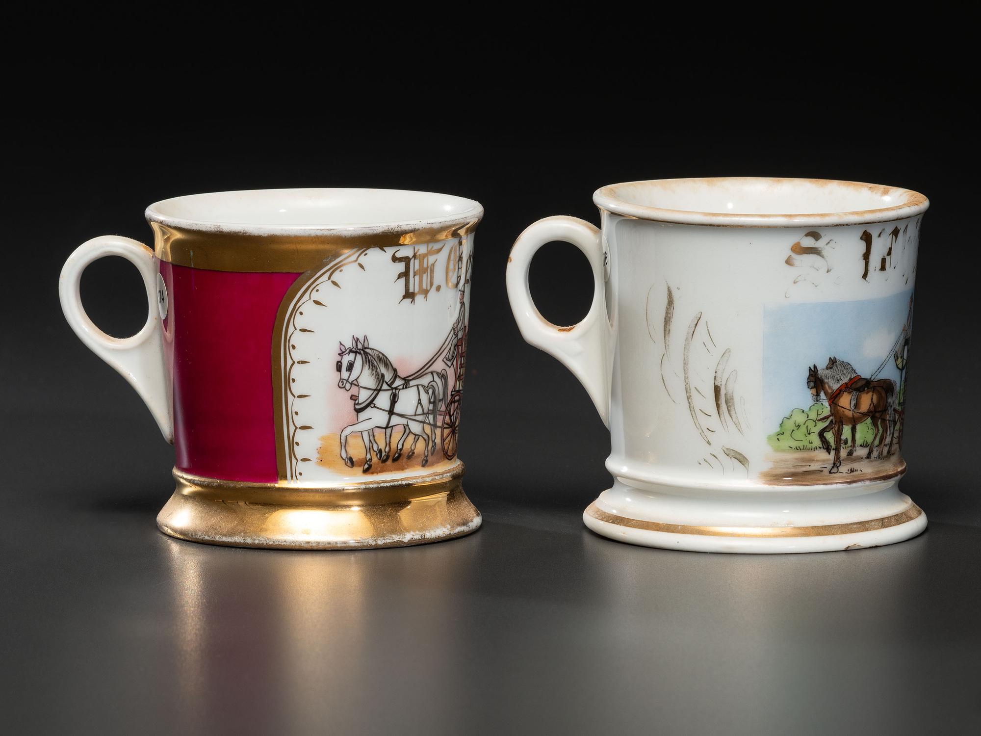 Two Occupational Shaving Mugs Depicting Horse-Drawn Barrel Wagons