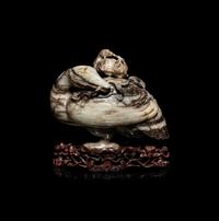 A Chinese Black and White Jade Duck-Form Box and Cover