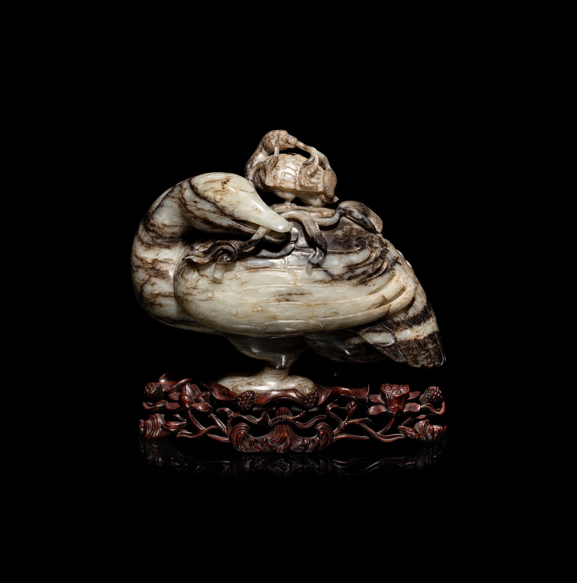A Chinese Black and White Jade Duck-Form Box and Cover