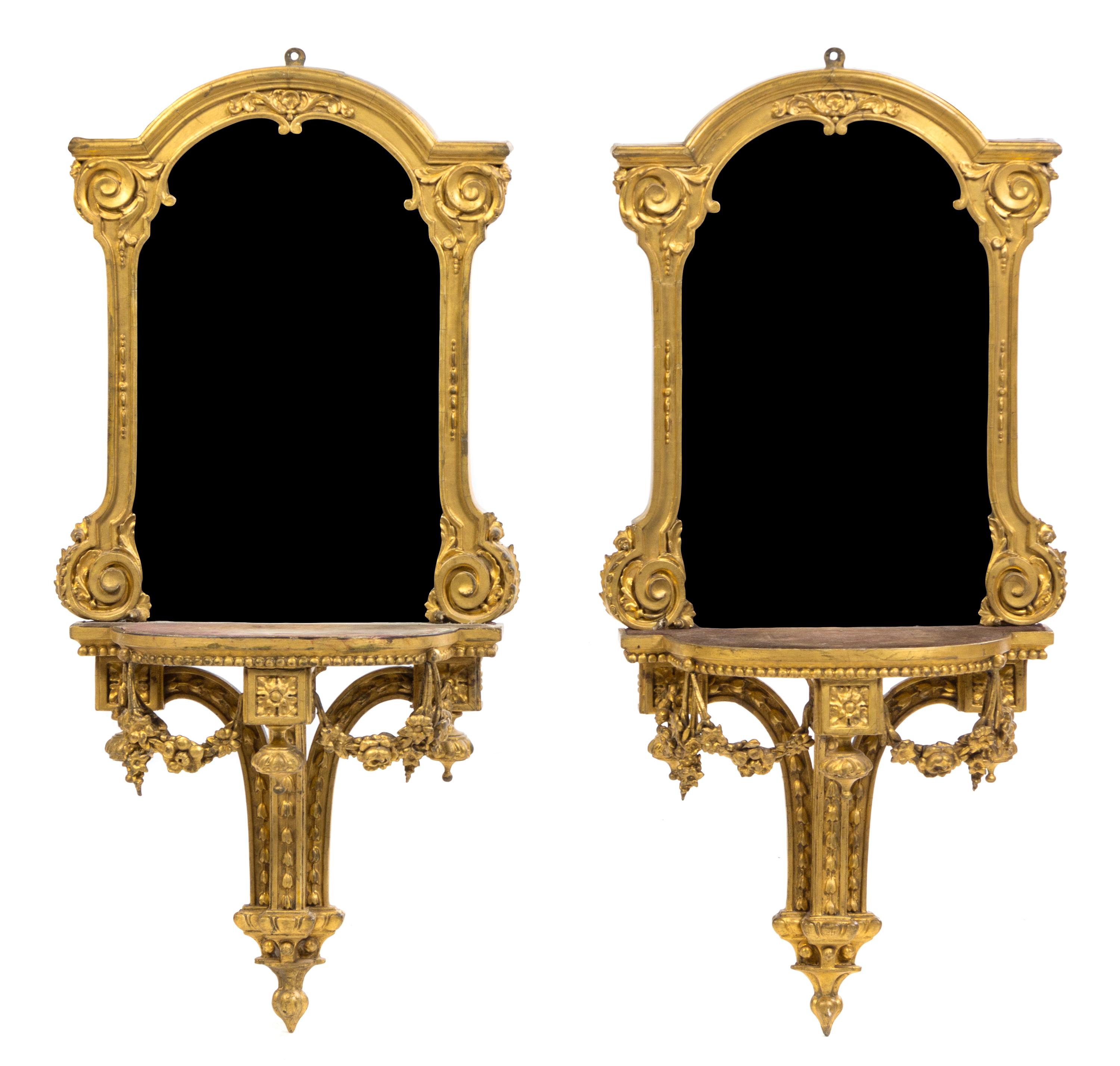 A Pair of Louis XVI Style Giltwood Wall Brackets Height 32 1/2 x width 14 1/2 depth 7 1/2 inches. — 19TH CENTURY