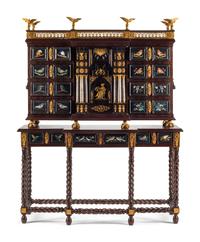 An Italian Gilt Bronze Mounted and Pietra Dura Inset Walnut Collector's Cabinet on Stand