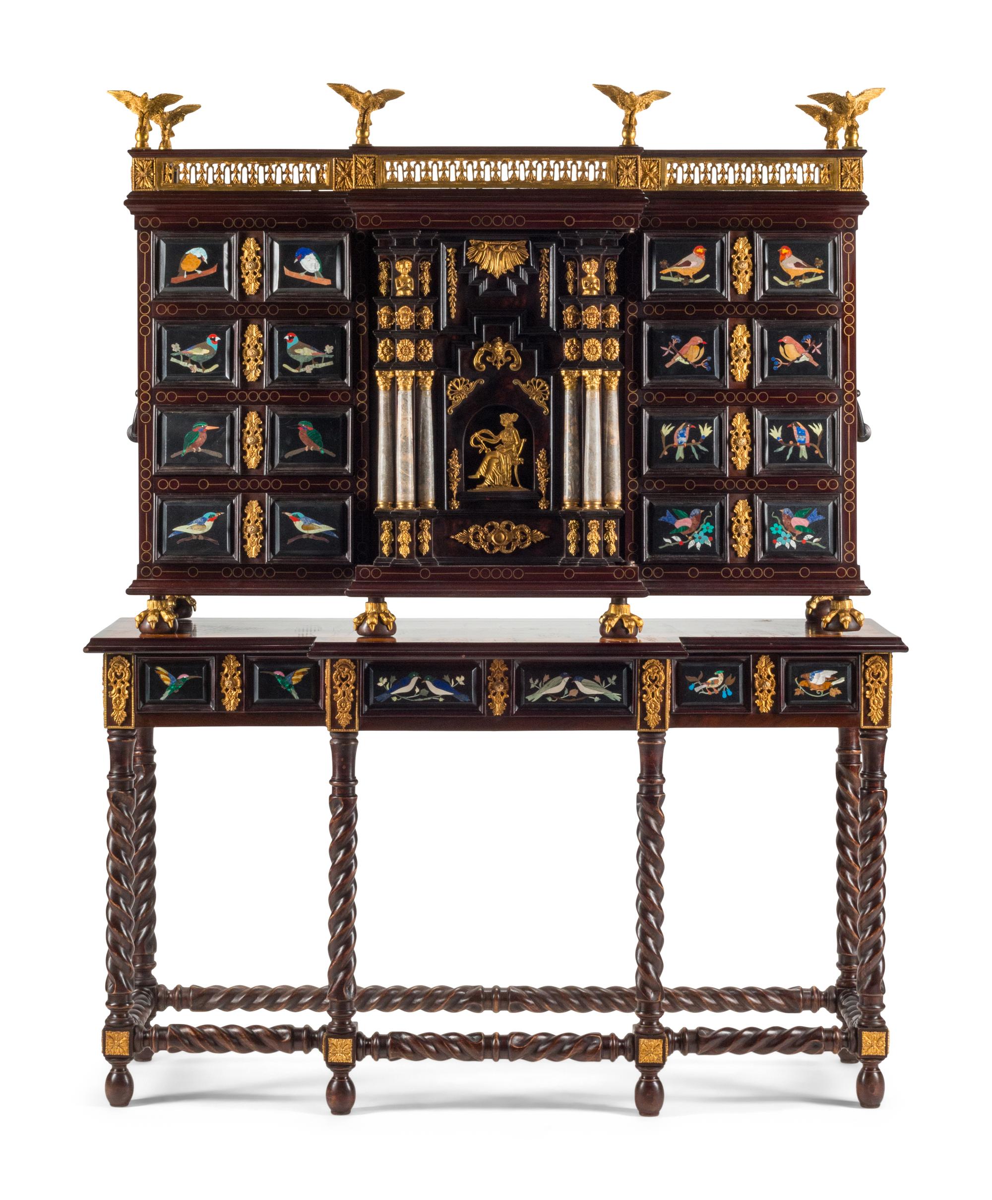 An Italian Gilt Bronze Mounted and Pietra Dura Inset Walnut Collector's Cabinet on Stand