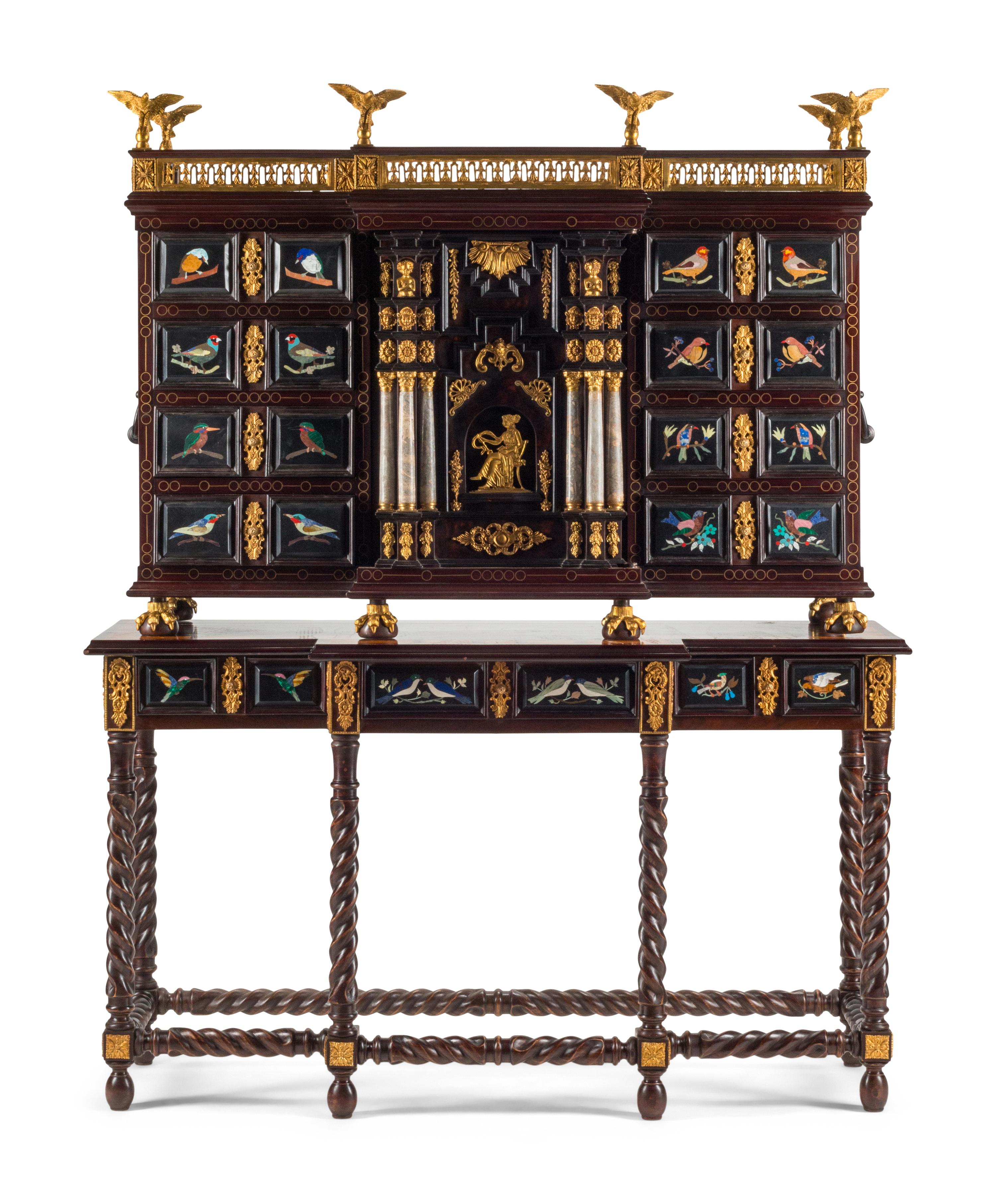 An Italian Gilt Bronze Mounted and Pietra Dura Inset Walnut Collector's Cabinet on Stand