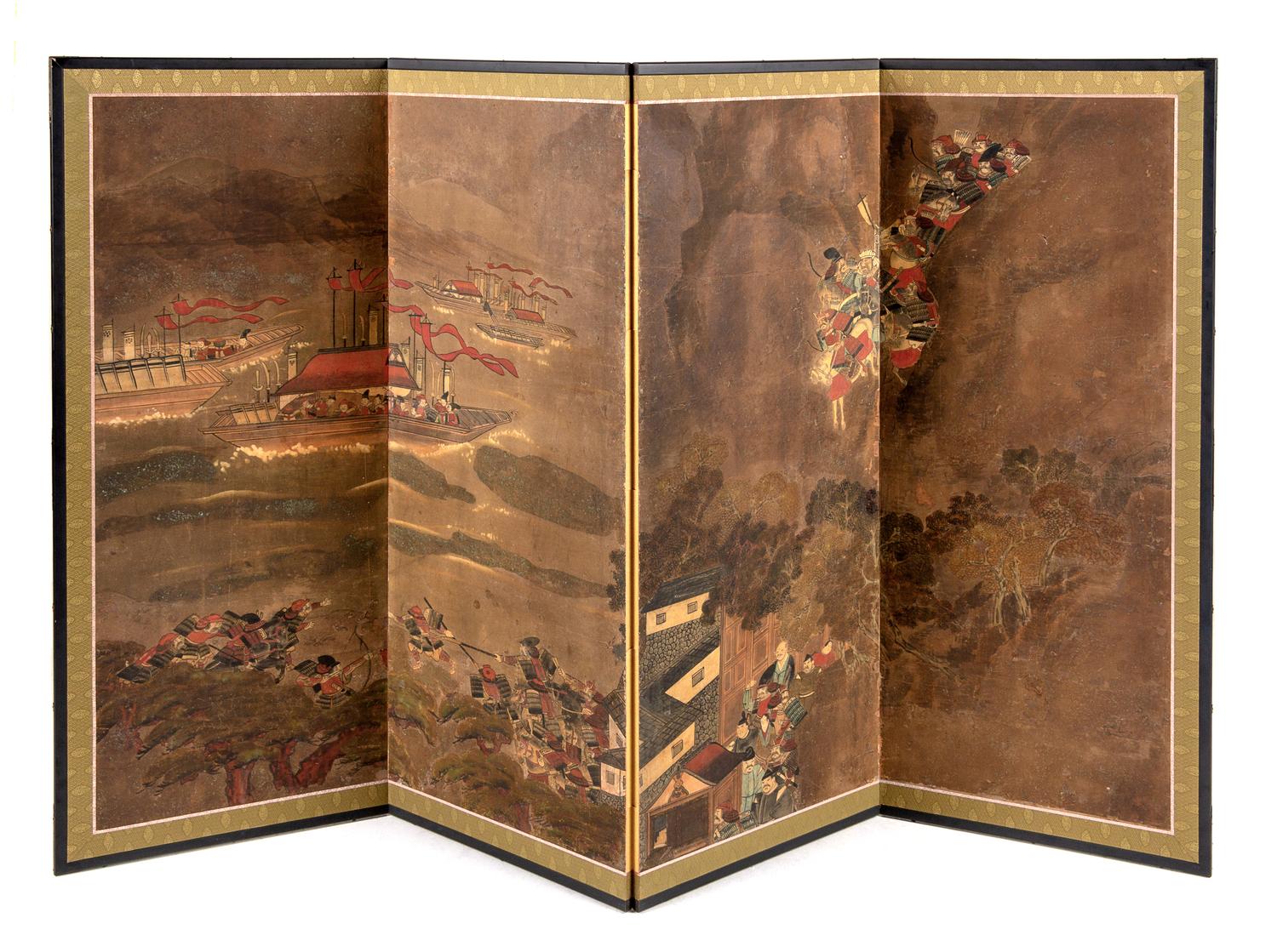 A Chinese Black Lacquered Wood Four-Panel Screen
