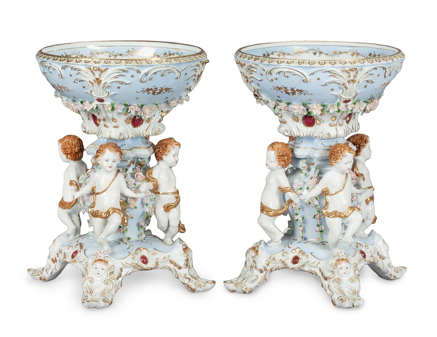 A Pair of German Porcelain Figural Compotes Height 20 x diameter 14 1/2 inches.