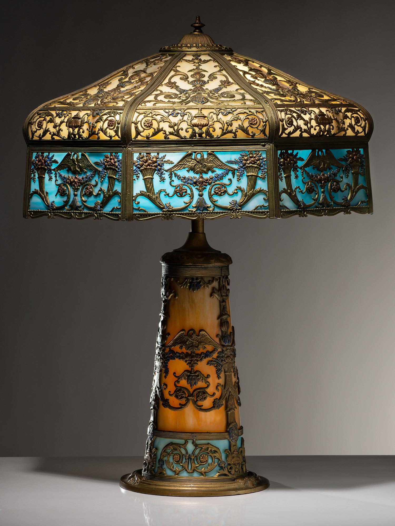 Slag Glass Lamp with Lighted Base