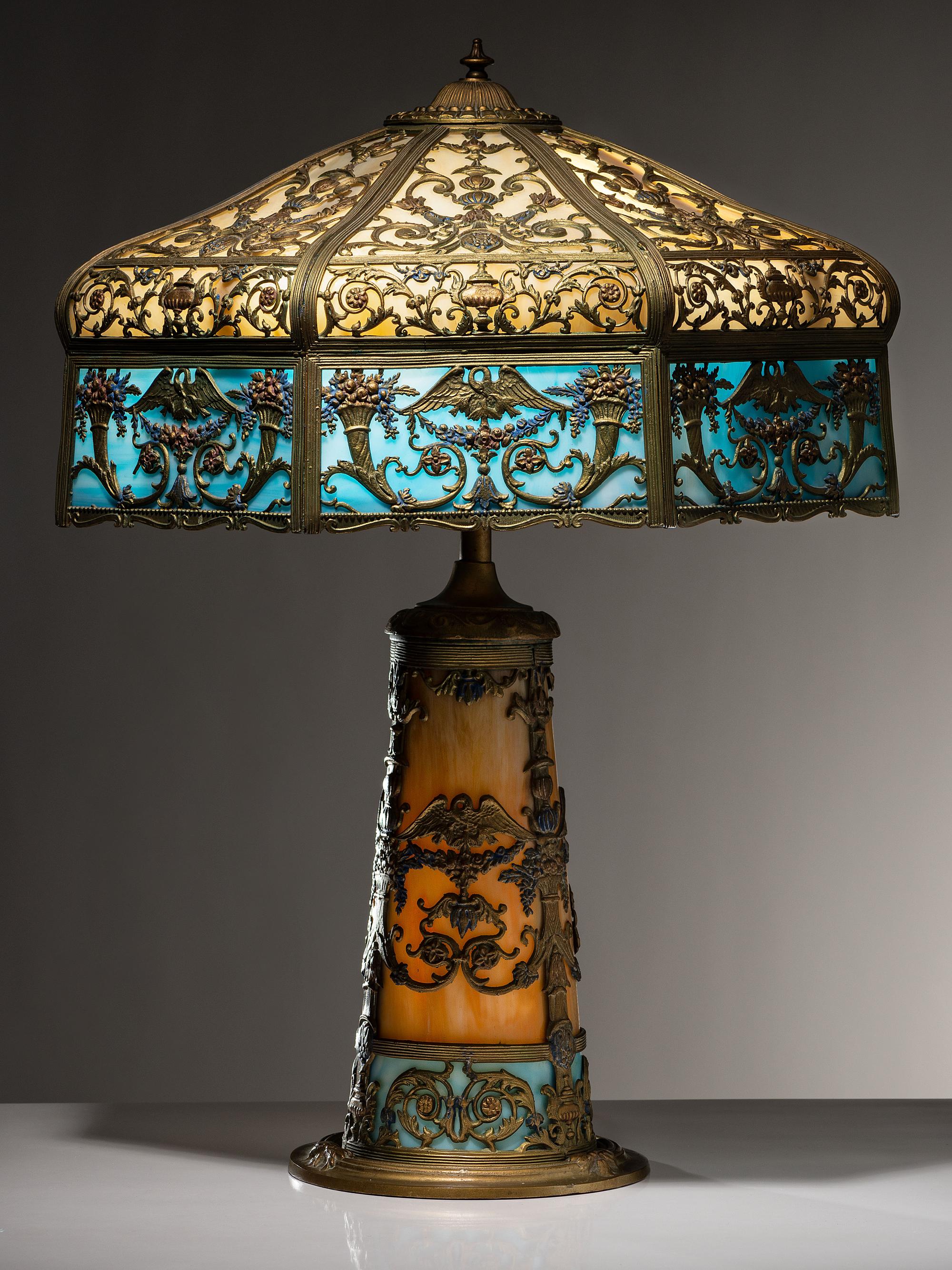 Slag Glass Lamp with Lighted Base