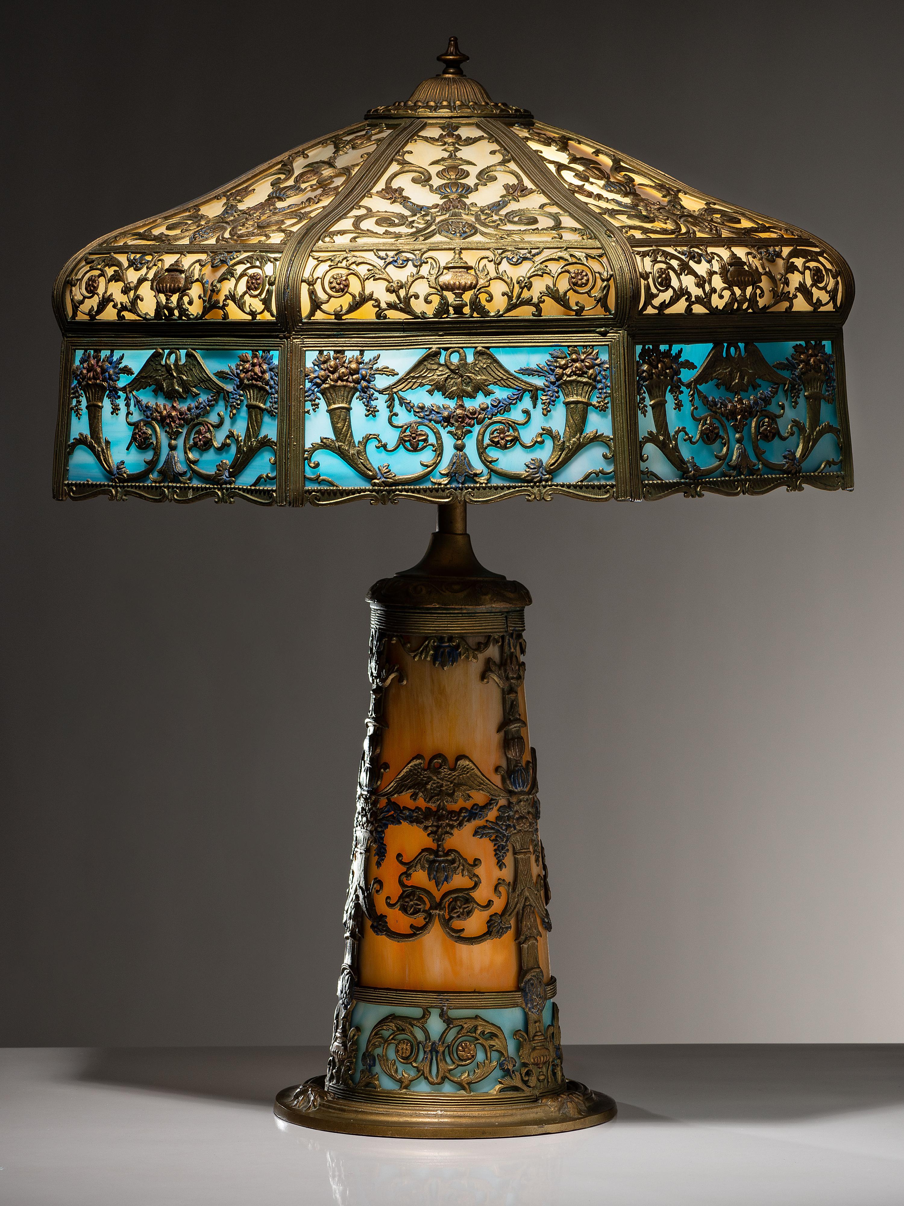 Slag Glass Lamp with Lighted Base