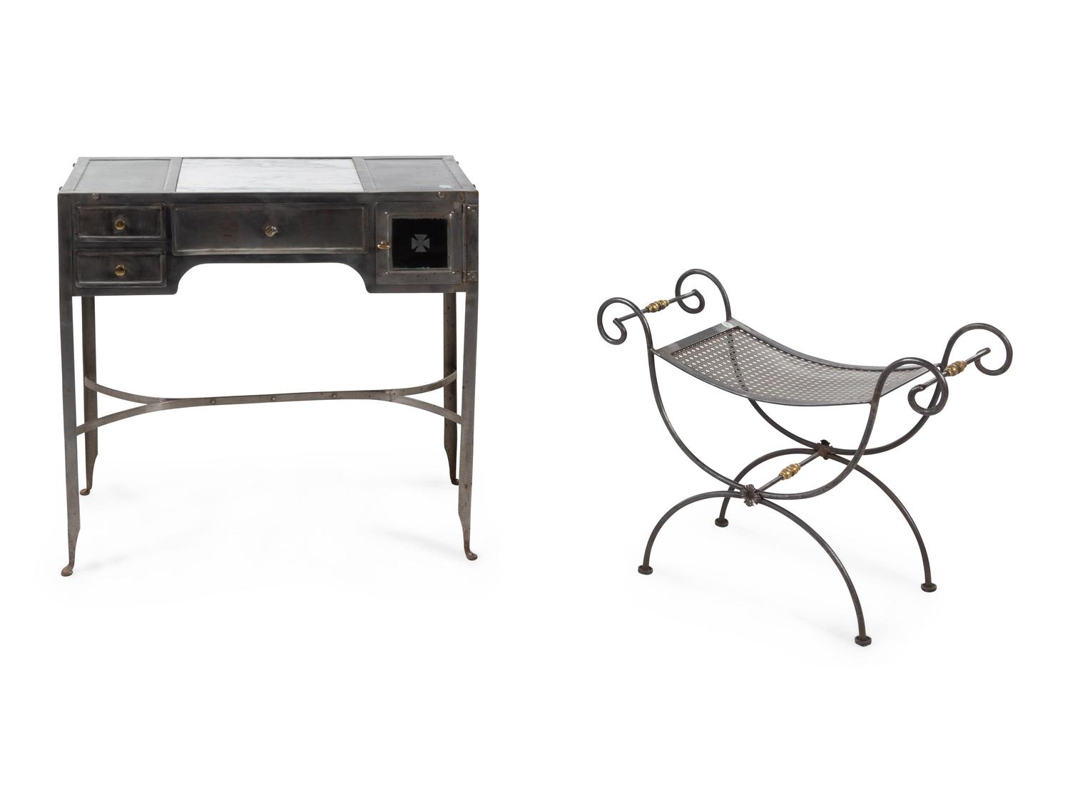 A Modern Steel and Marble Dressing Table with an Associated Seat