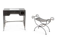 A Modern Steel and Marble Dressing Table with an Associated Seat