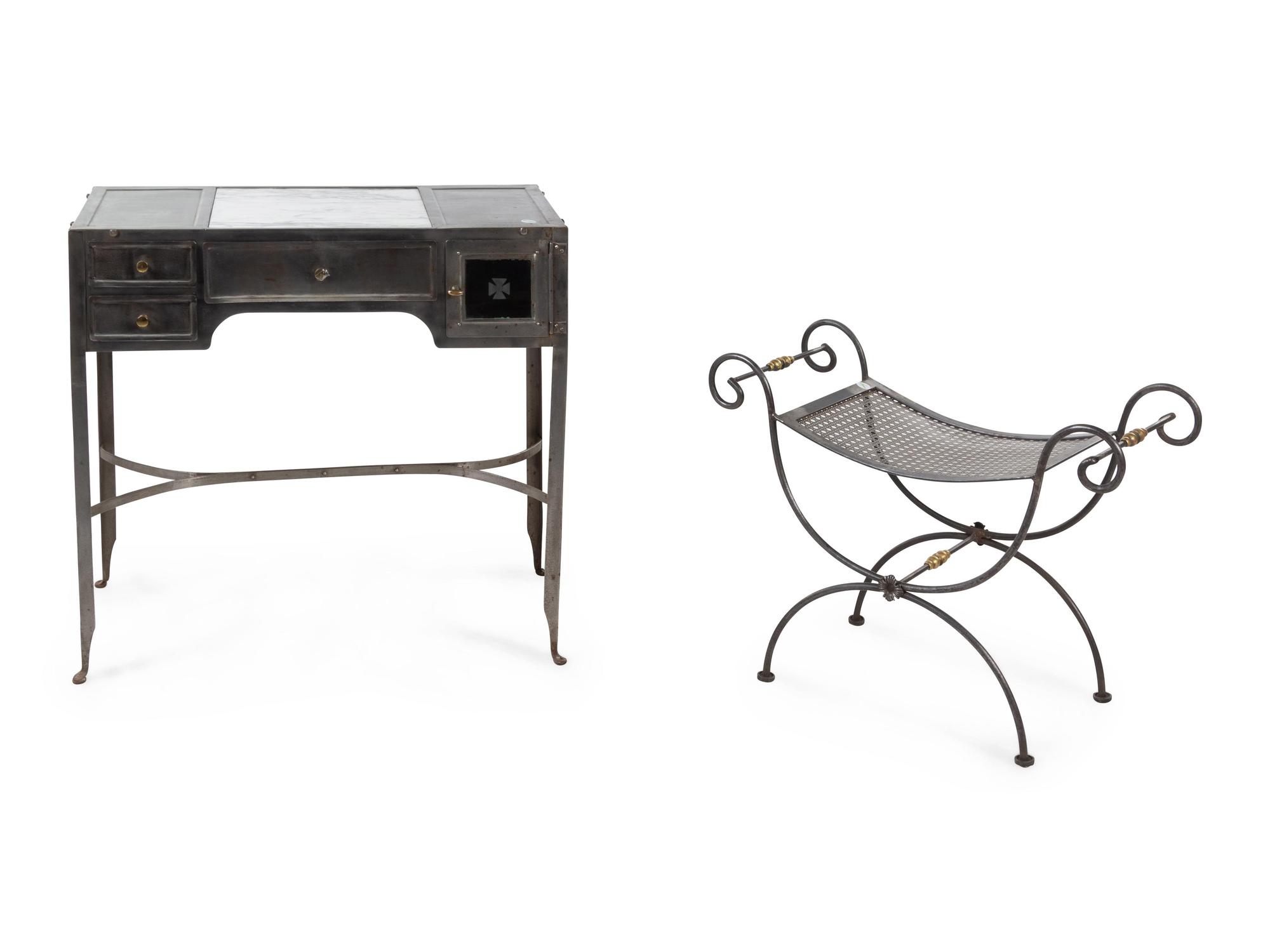 A Modern Steel and Marble Dressing Table with an Associated Seat
