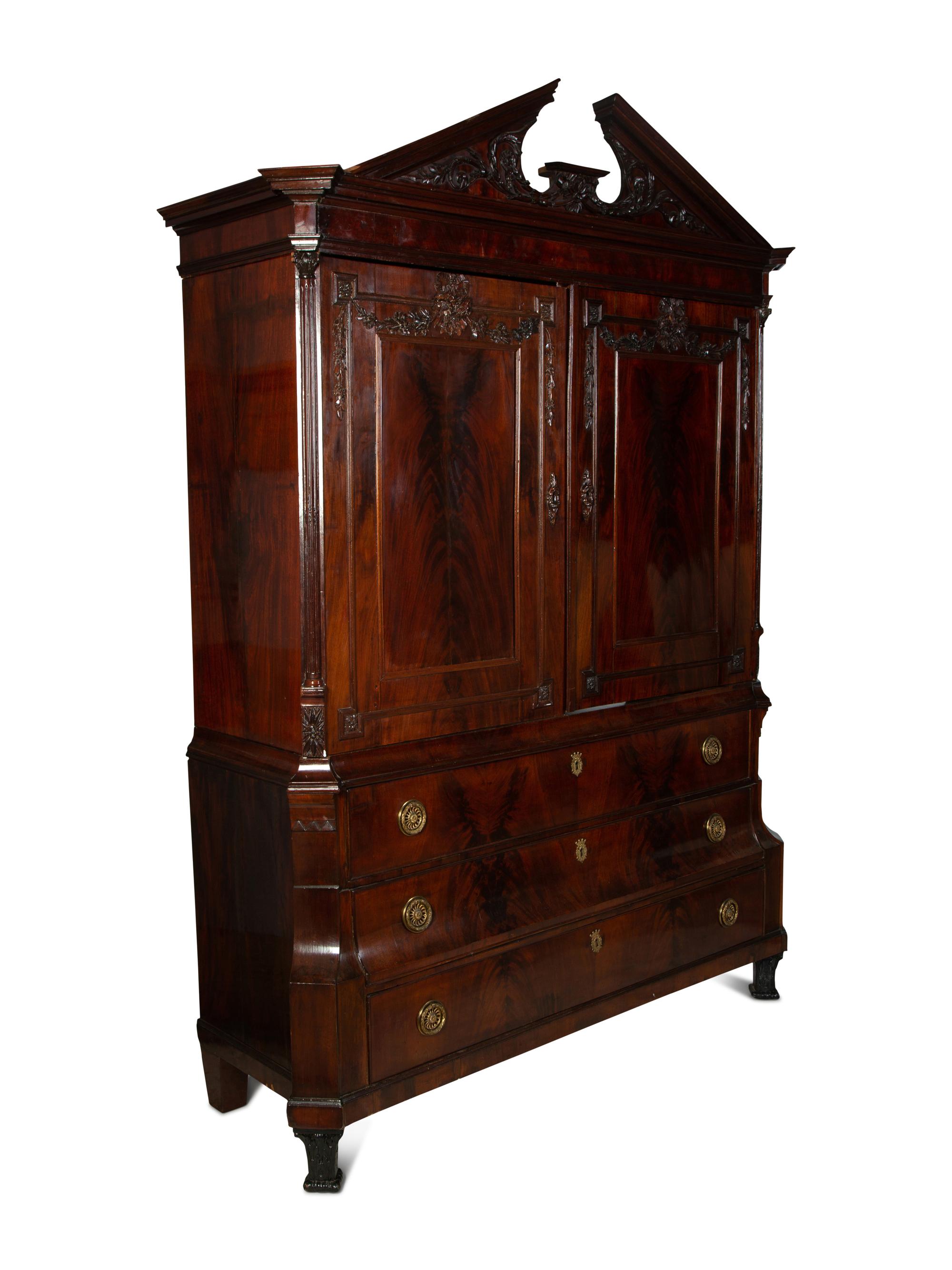 A Dutch Neoclassical Crotch Mahogany Linen Press — LATE 18TH CENTURY
