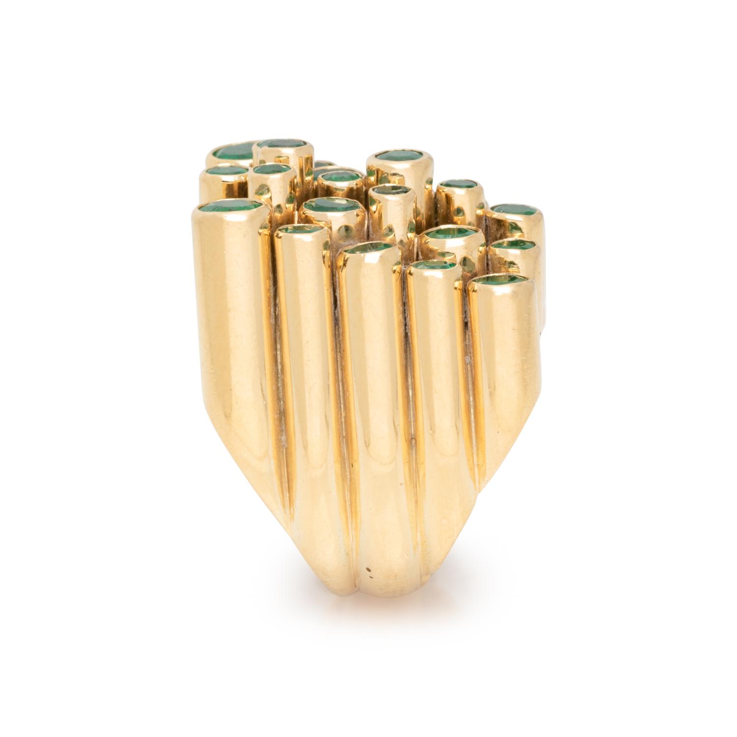 MODERNIST, YELLOW GOLD AND SYNTHETIC EMERALD RING