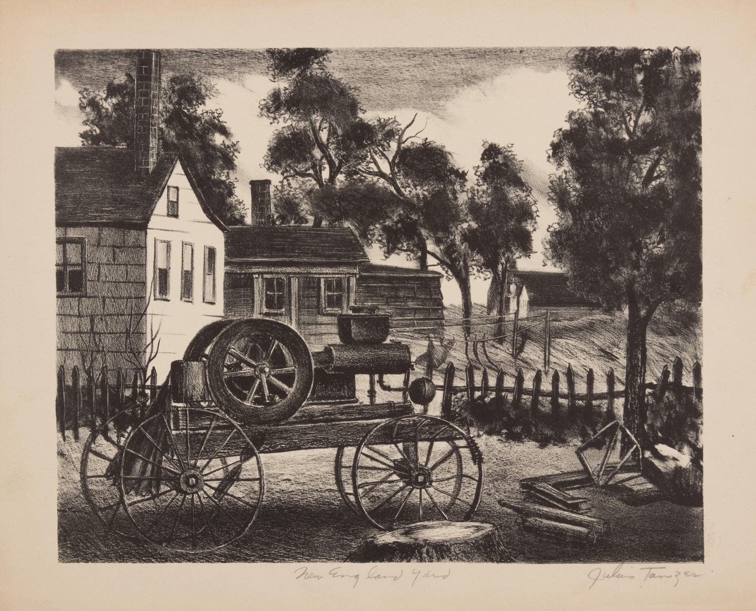 A group of six American prints (Emile Gruppe, Country Scene with Houses ; Nathan Margolies, Cornhuskers ; Leo Meissner, Jeter Spivey's Place ; Darwin Musselman, Going Home ; Thomas Nason, Haystacks ; Julius Tanzer, New England Yard )