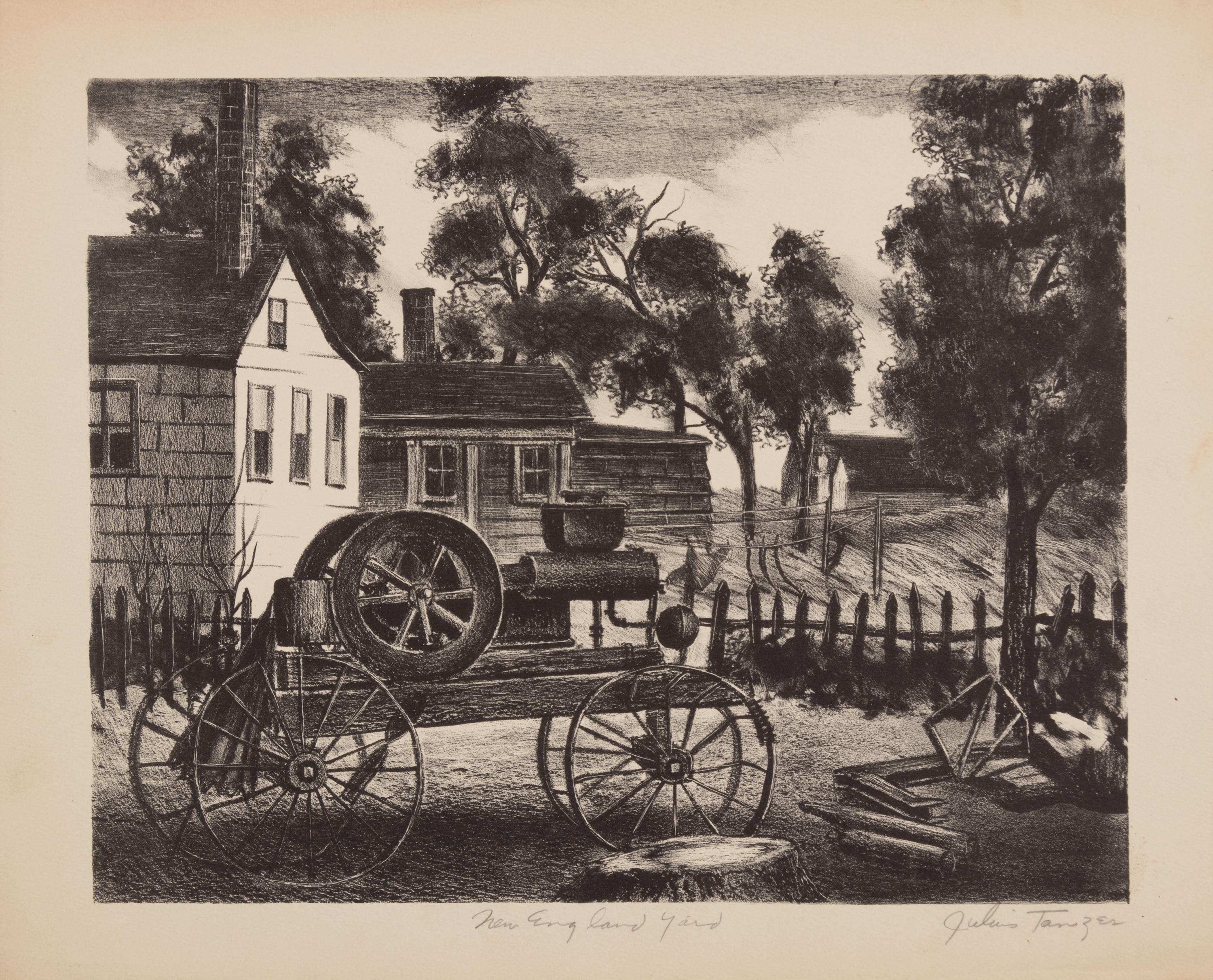 A group of six American prints (Emile Gruppe, Country Scene with Houses ; Nathan Margolies, Cornhuskers ; Leo Meissner, Jeter Spivey's Place ; Darwin Musselman, Going Home ; Thomas Nason, Haystacks ; Julius Tanzer, New England Yard )