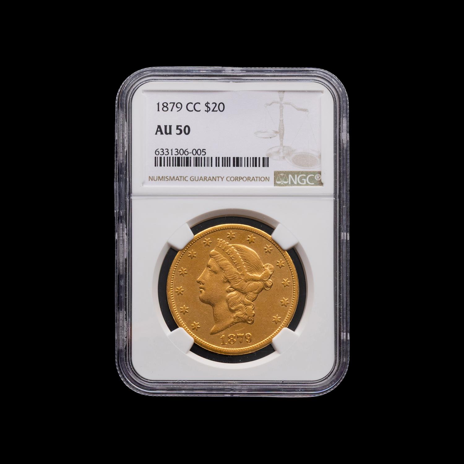 An 1879-CC Liberty Head $20 Gold Coin [NGC AU50]