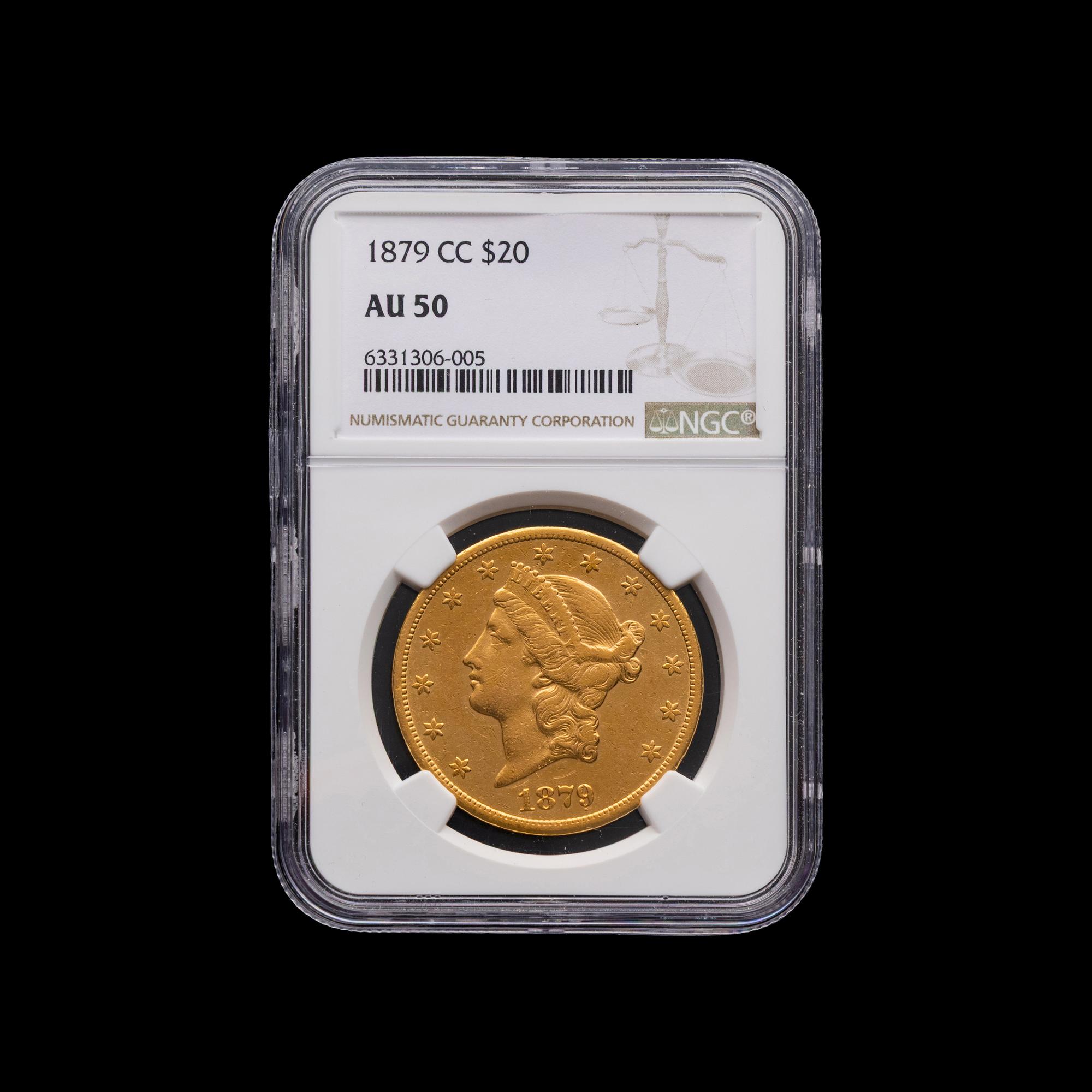 An 1879-CC Liberty Head $20 Gold Coin [NGC AU50]