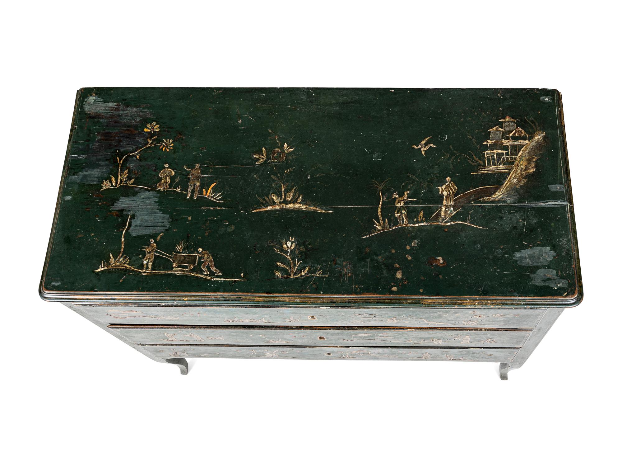 A North Italian Green Japanned Three-Drawer Commode