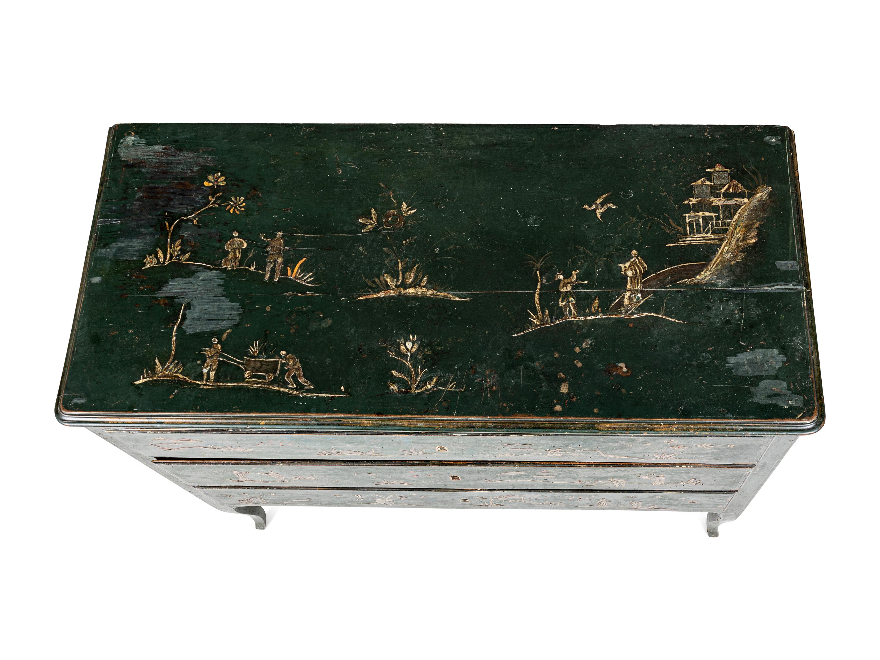 A North Italian Green Japanned Three-Drawer Commode