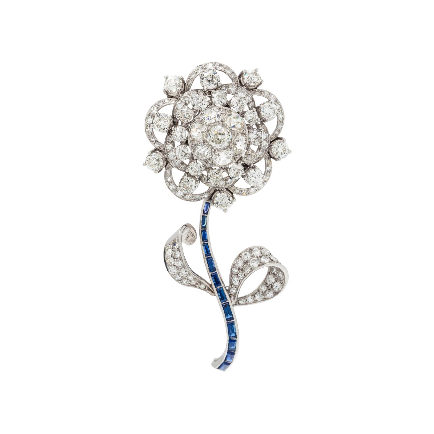 DIAMOND AND SAPPHIRE FLOWER BROOCH