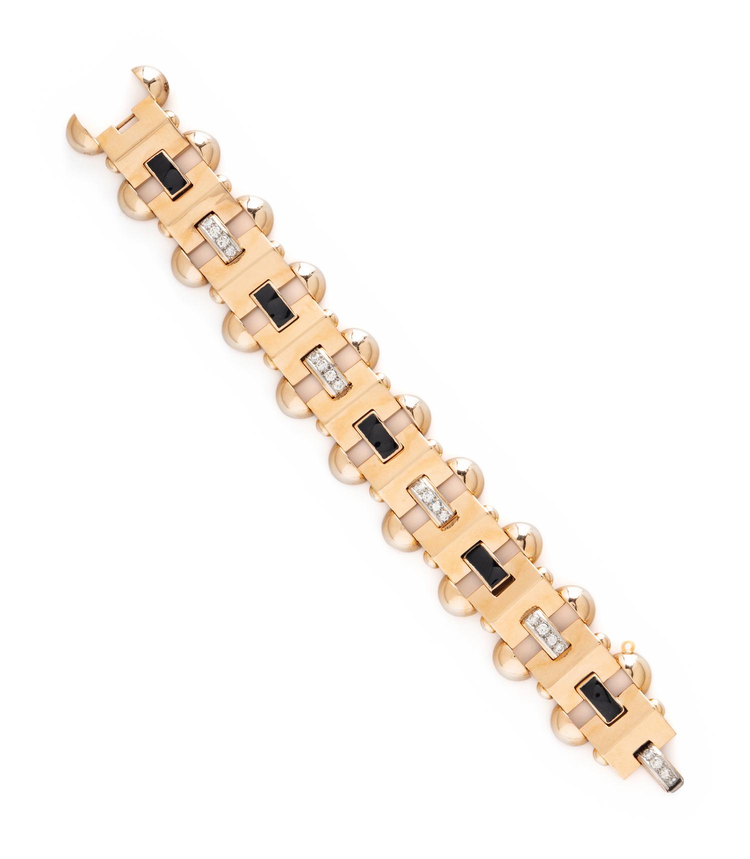 RETRO, ROSE GOLD, DIAMOND, AND ONYX LINK BRACELET