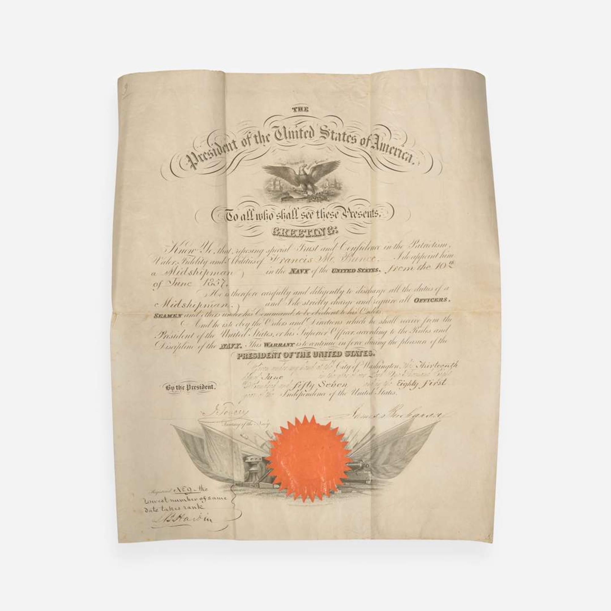[Presidential] [Bunce, Francis M.] Buchanan, James Signed Military Commission