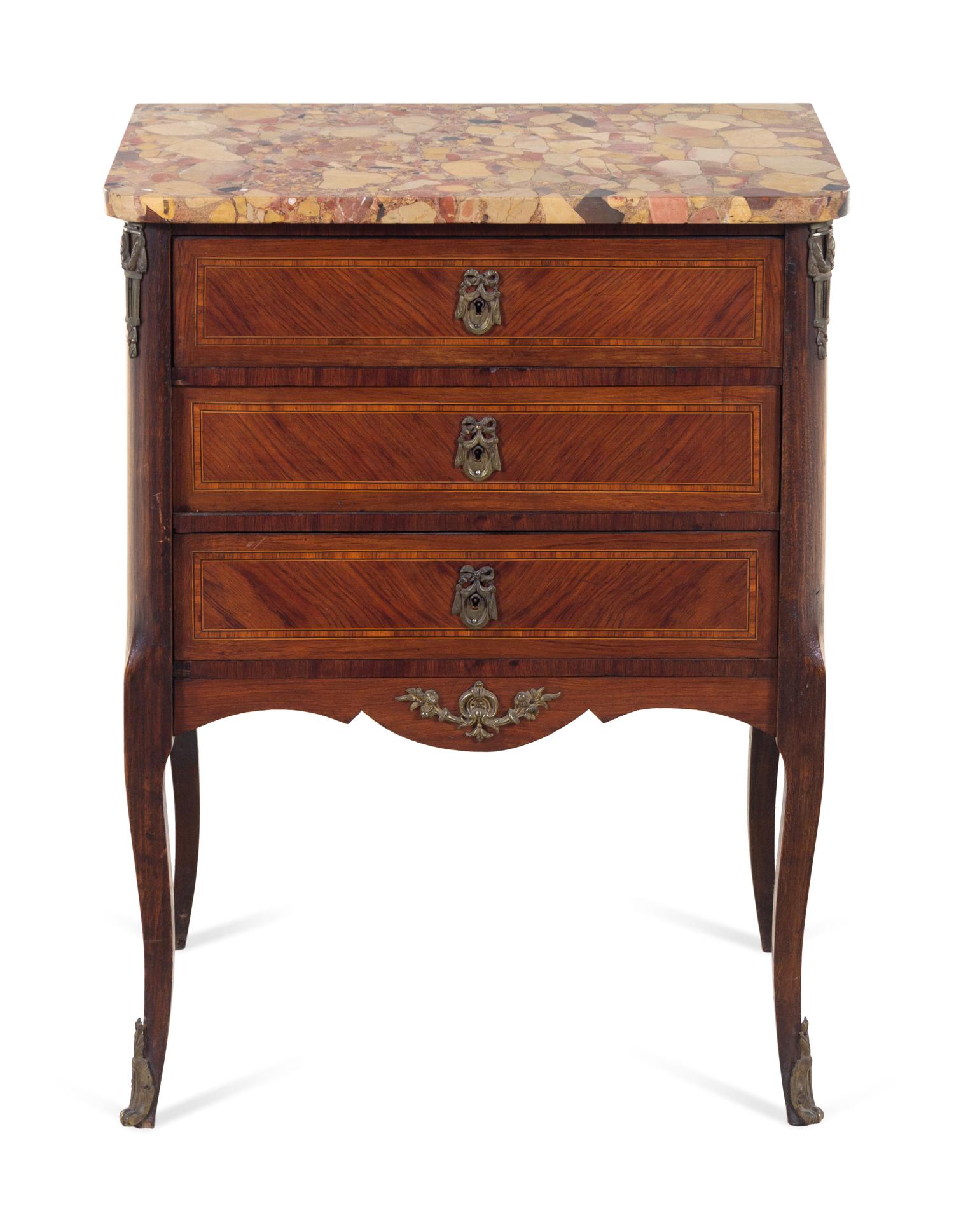 A Louis XV Style Metal Mounted, Tulipwood Veneered Breche d'Alep Marble-Top Commode