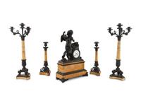 An Assembled French Marble and Bronze Five-Piece Clock Garniture
