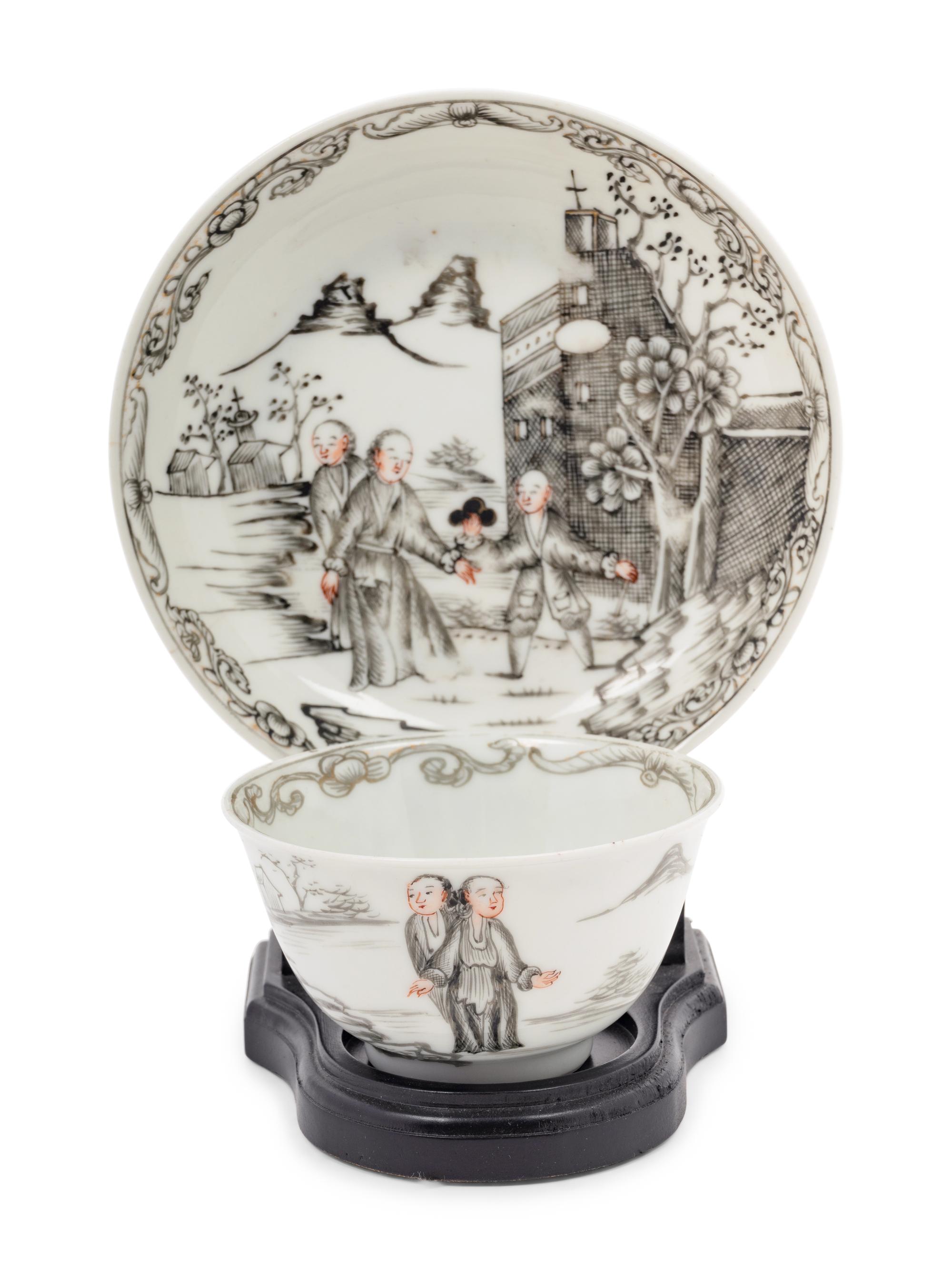 A Chinese Export 'Jesuit' En Grisaille Porcelain Teacup and Saucer