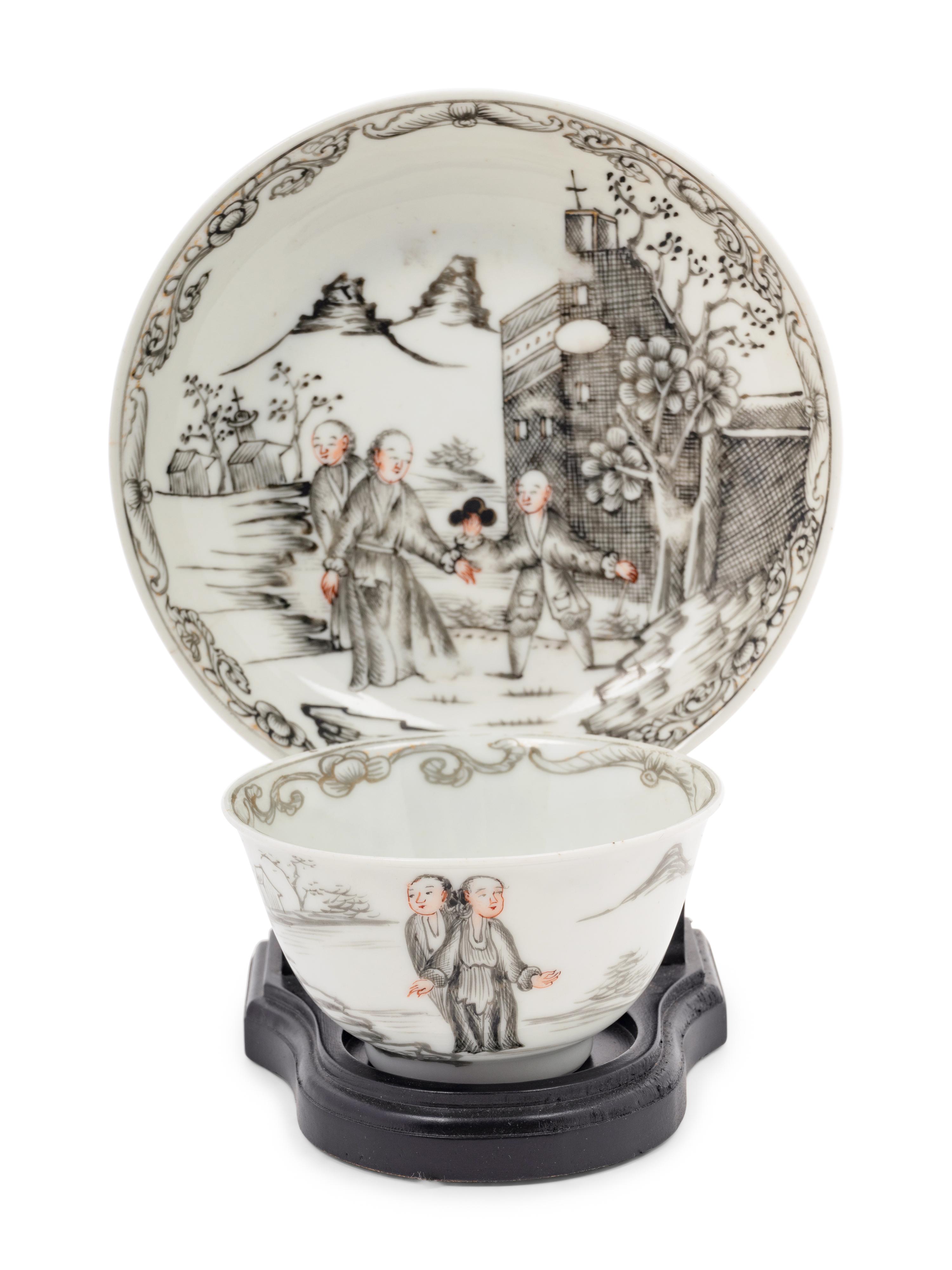 A Chinese Export 'Jesuit' En Grisaille Porcelain Teacup and Saucer