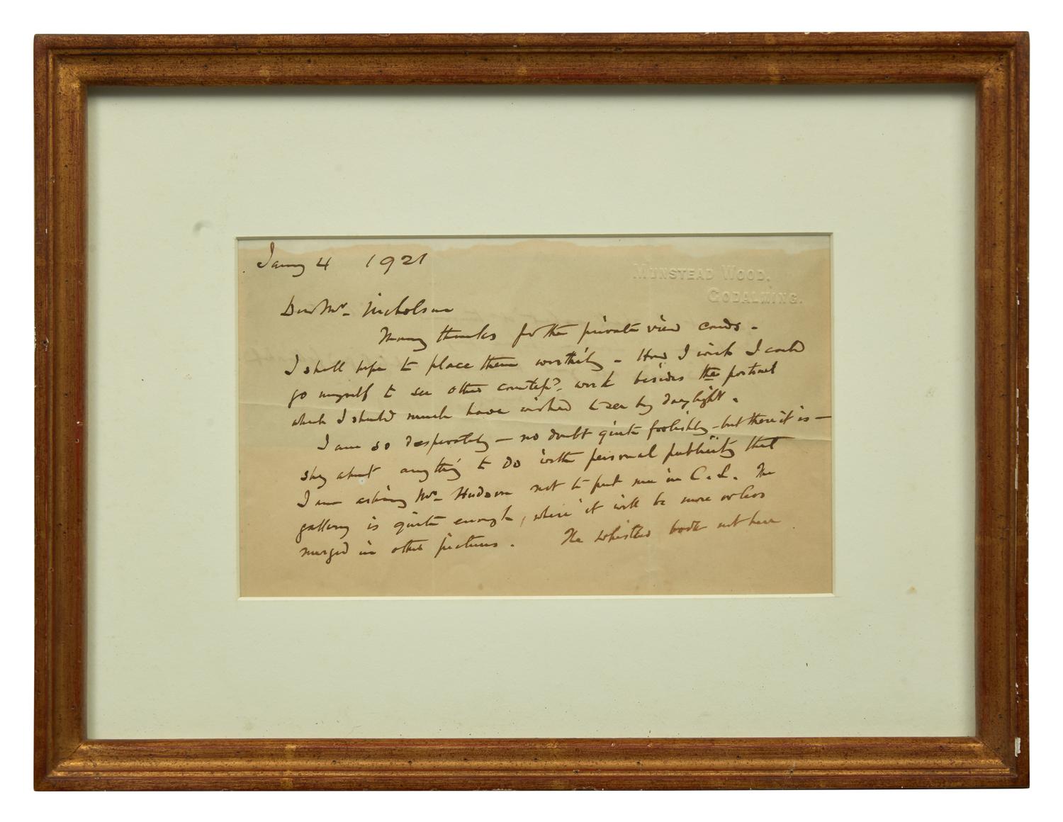 [Gardening] Jekyll, Gertrude. Group of Three Autograph Letters, signed, to artist William Nicholson