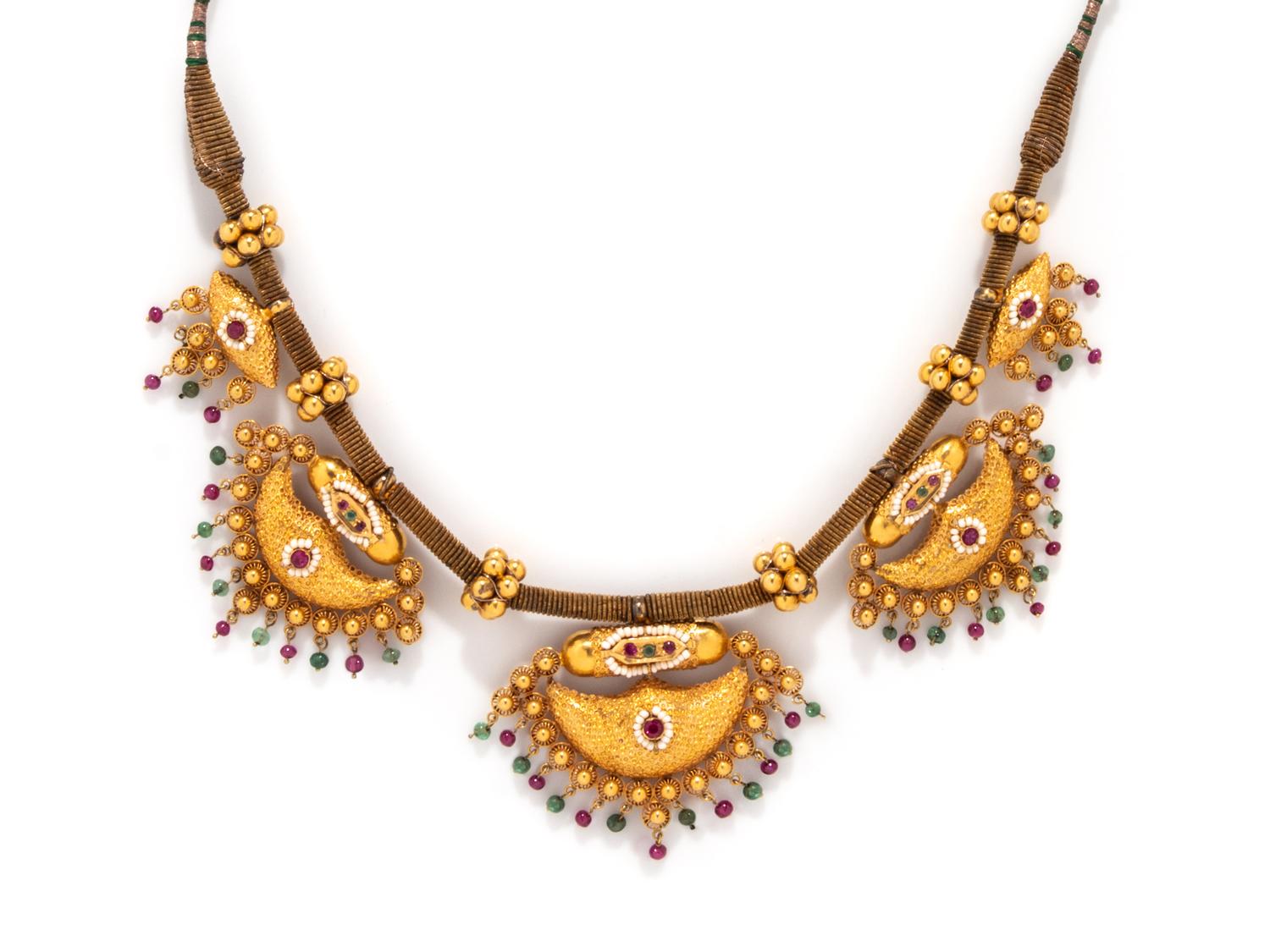 INDIAN, YELLOW GOLD, EMERALD, AND SYNTHETIC RUBY NECKLACE
