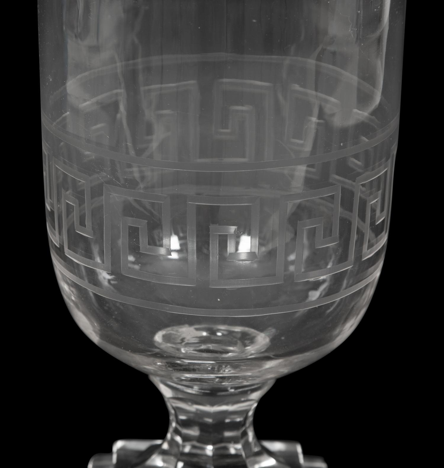 A Triple Etched Banded Greek Key Hurricane Lamp