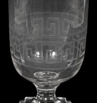 A Triple Etched Banded Greek Key Hurricane Lamp