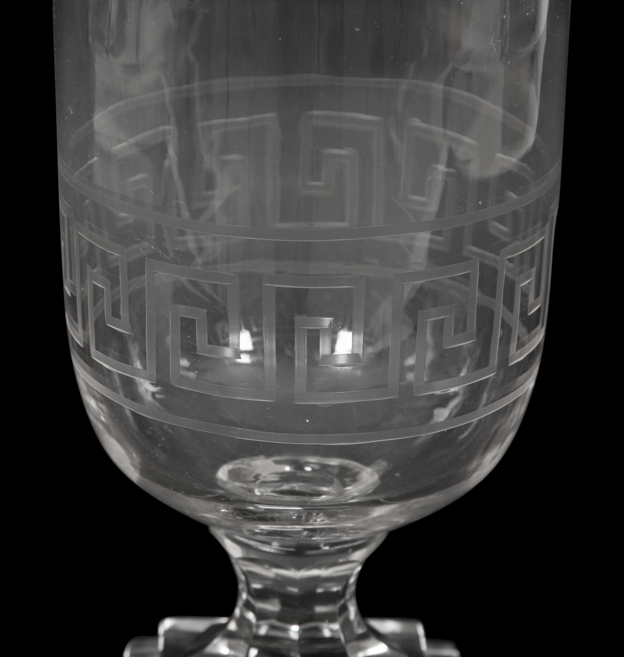 A Triple Etched Banded Greek Key Hurricane Lamp