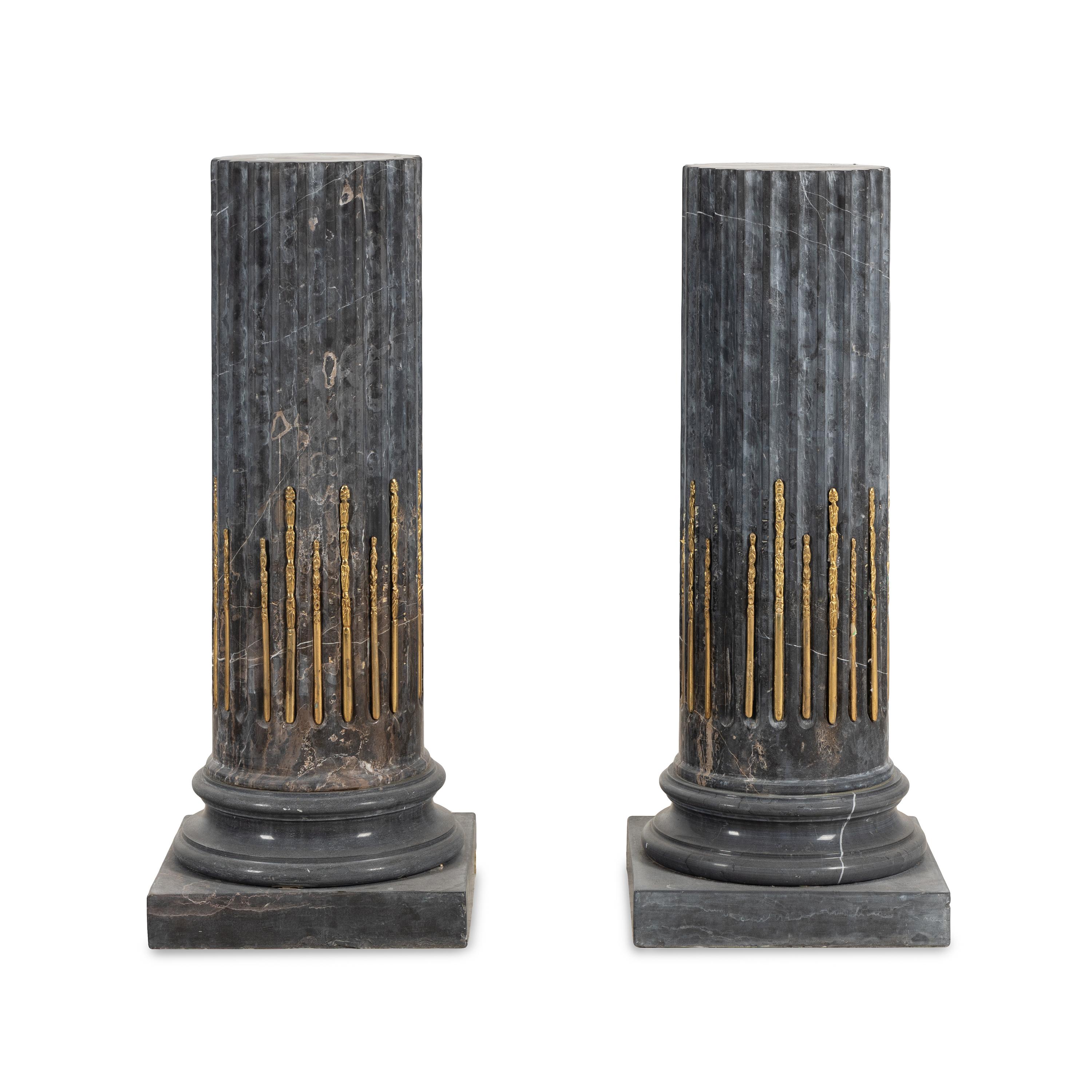 A Pair of Neoclassical Style Gilt Bronze Mounted Marble Pedestals