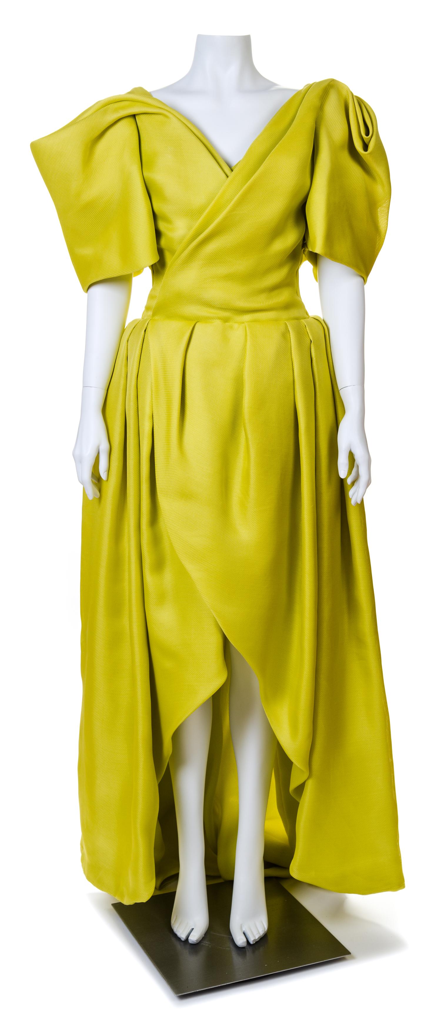 A Jacqueline de Ribes Chartreuse Raw Silk Gown, No Size.