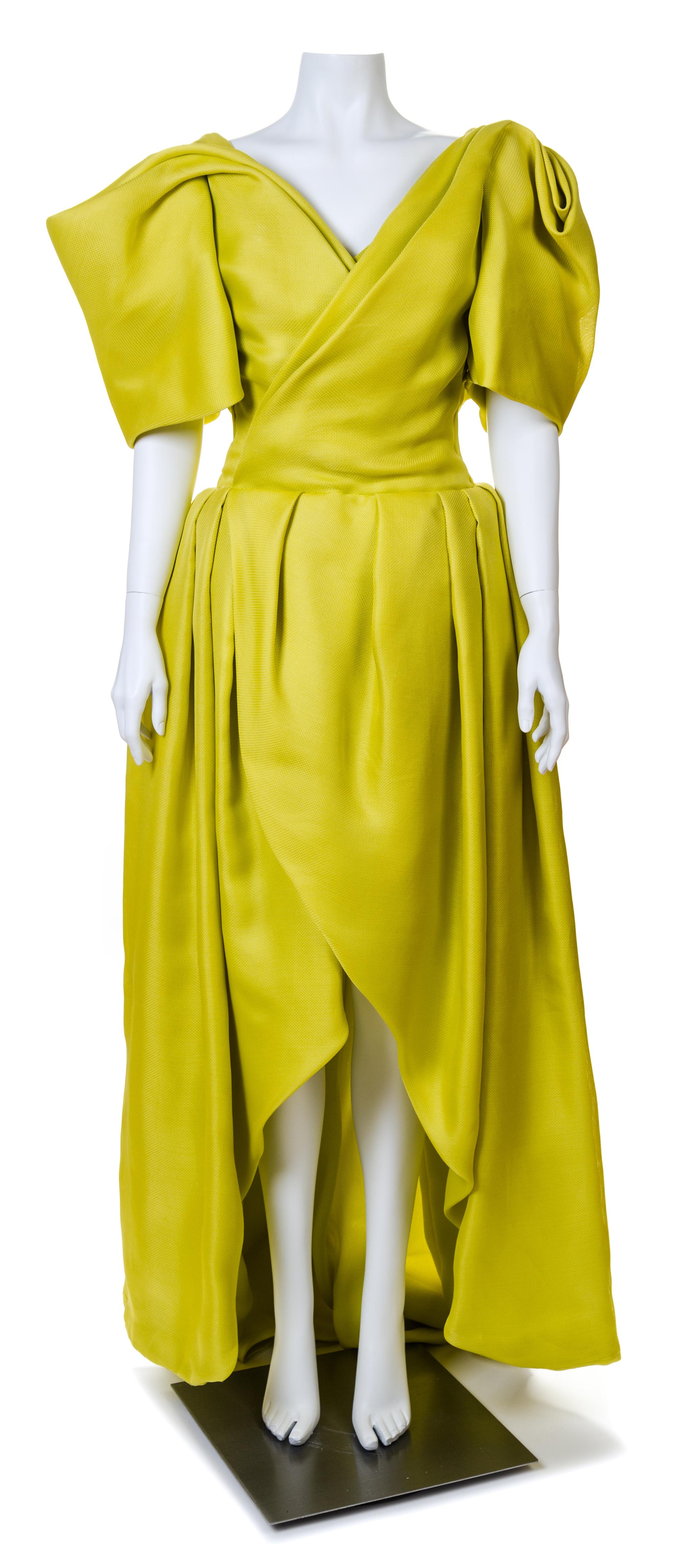 A Jacqueline de Ribes Chartreuse Raw Silk Gown, No Size.