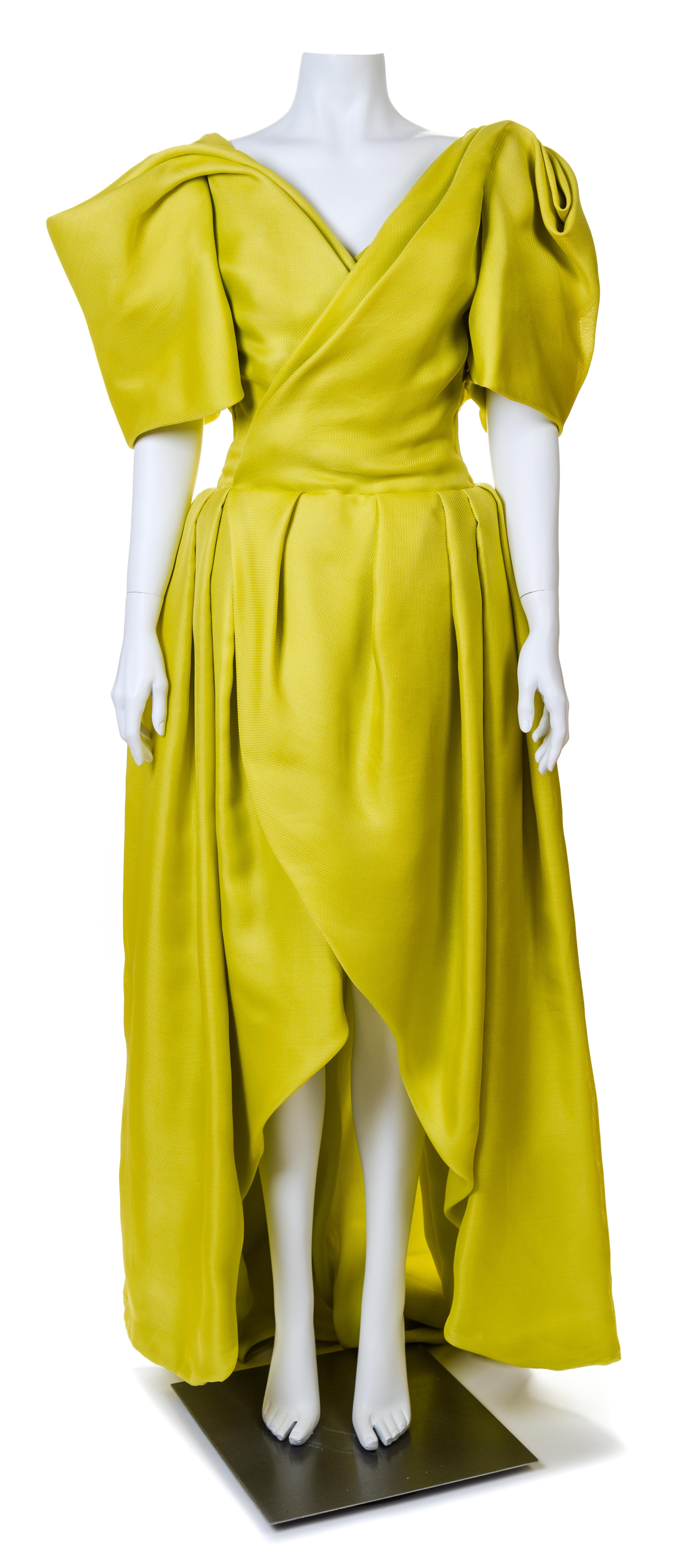 A Jacqueline de Ribes Chartreuse Raw Silk Gown, No Size.