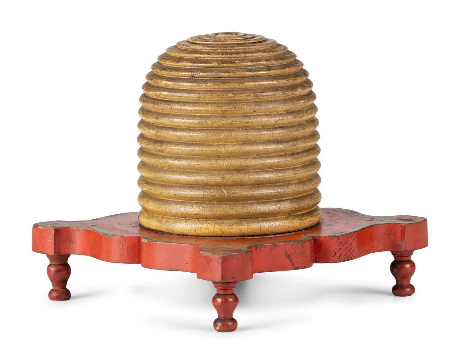 A Fraternal Carved and Painted Wood Beehive