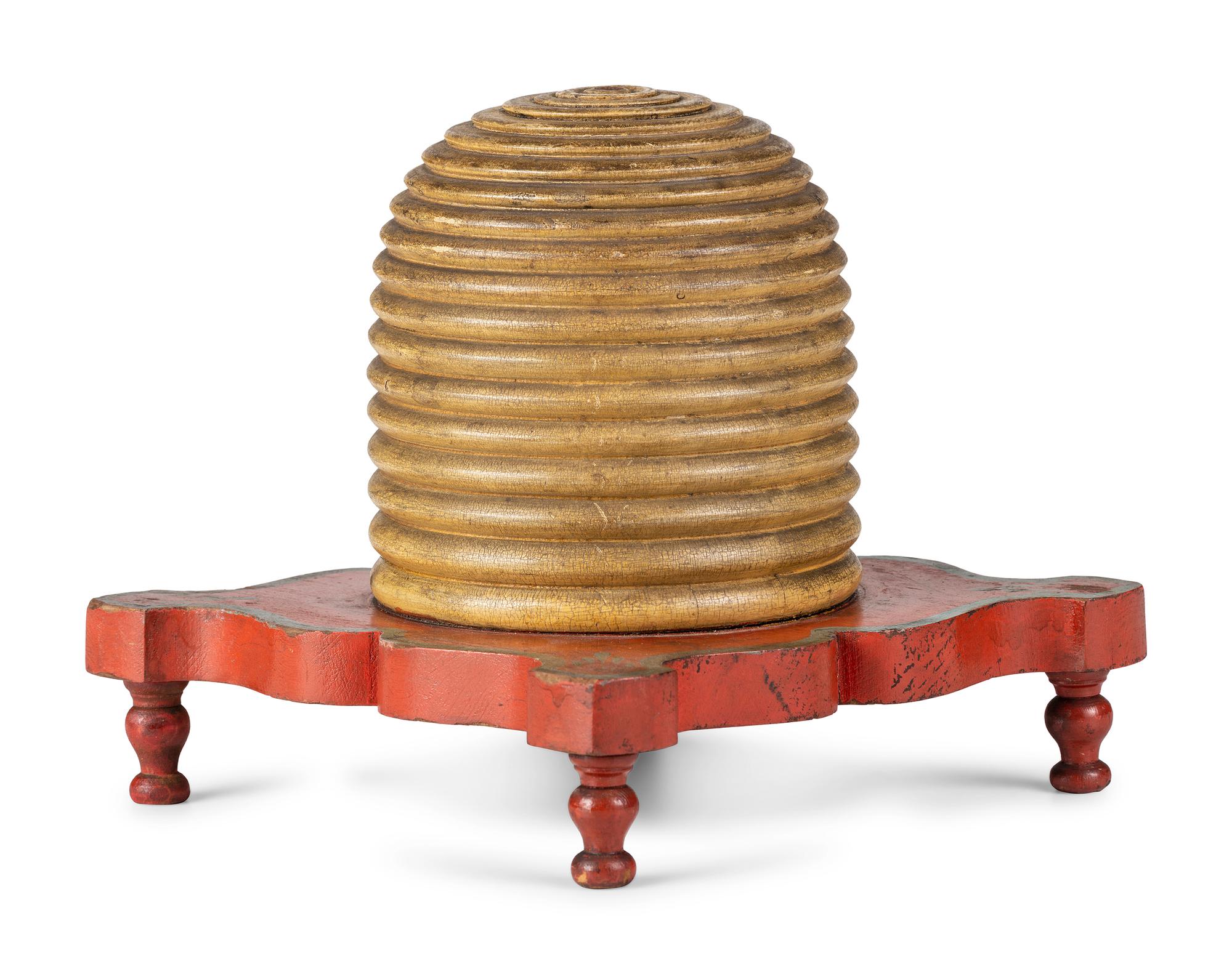 A Fraternal Carved and Painted Wood Beehive