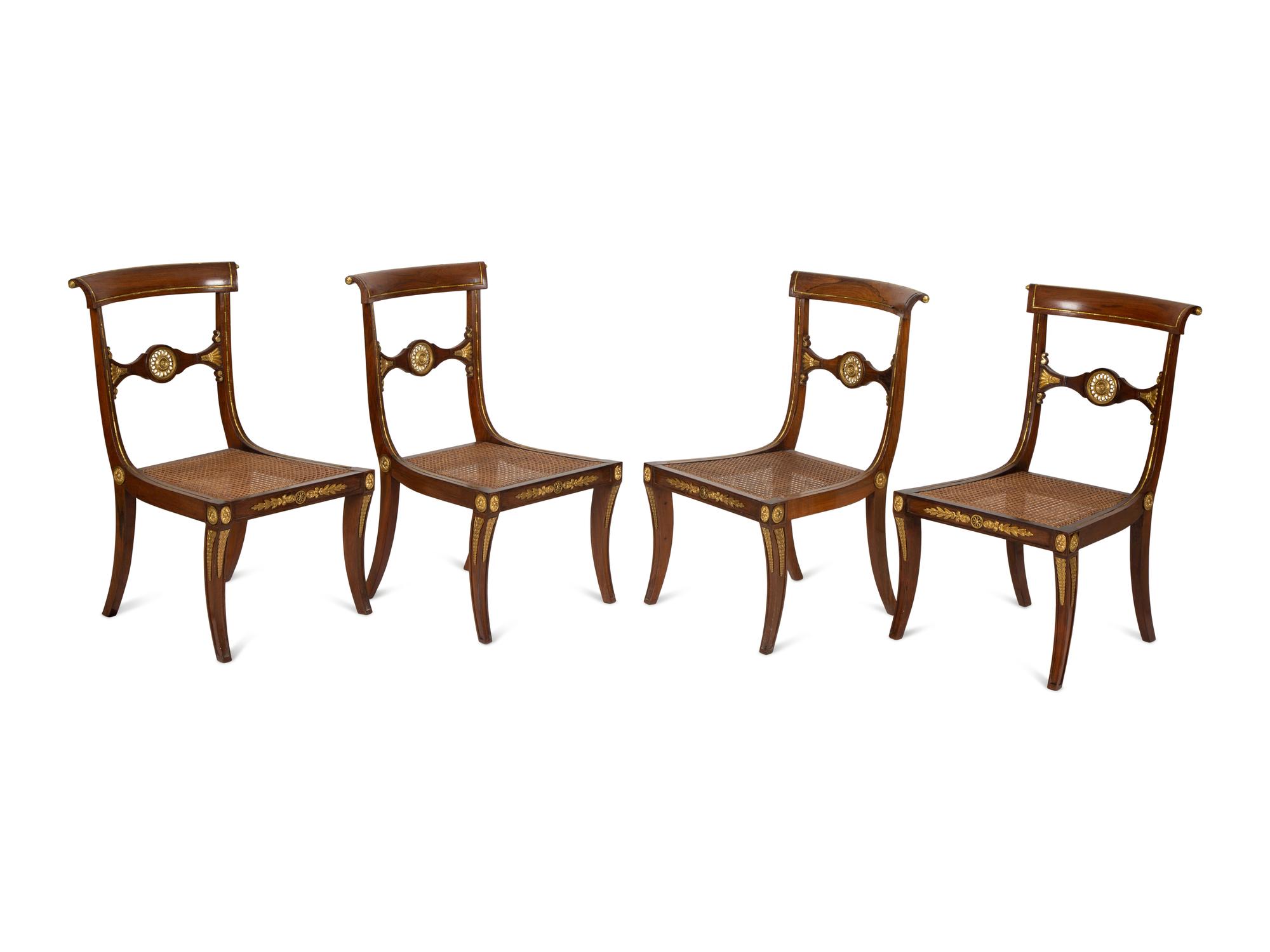 Four Regency Style Gilt Metal Inlaid Rosewood Cane Seat Side Chairs
